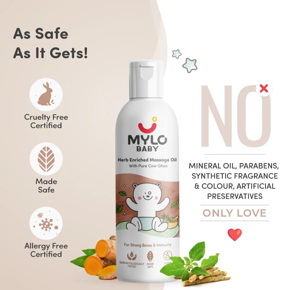 Mylo Herb Enriched Baby Massage Oil - 200 ml | Pack of 2 | For Winters Dermatologically Tested | Made Safe Certified | Nourishes Skin | Strengthens Immunity | Ayurvedic Preparation