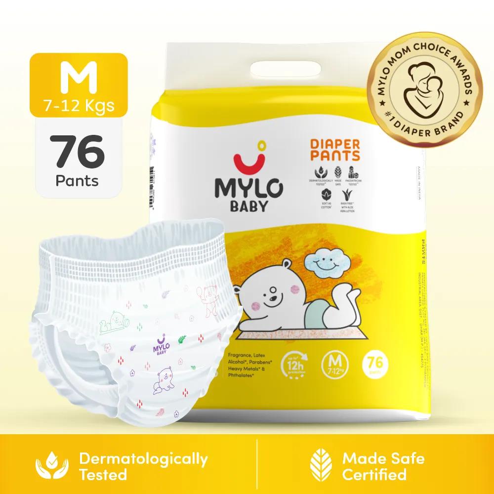 Mylo Baby Diaper Pants Medium (M) Size, 7-12 kgs with ADL Technology - 76 Count - 12 Hours Protection