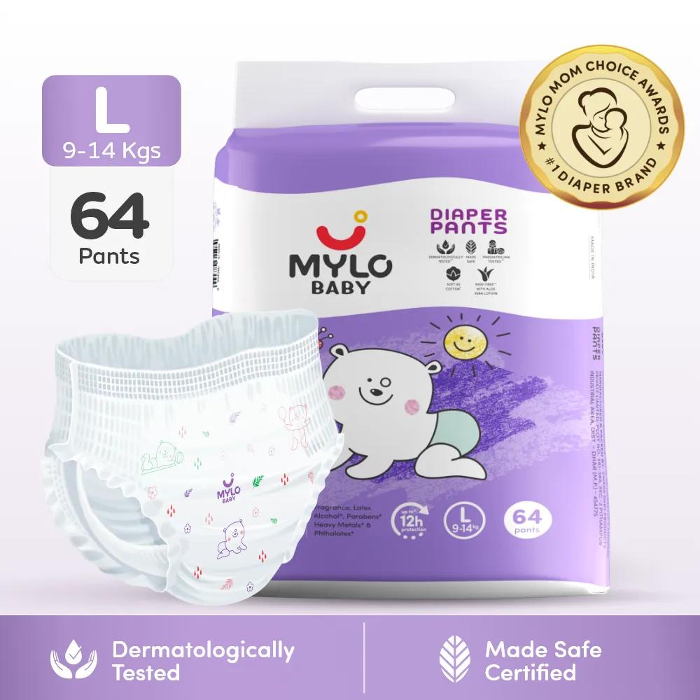 Mylo Baby Diaper Pants Large (L) Size, 9-14 kgs with ADL Technology - 64 Count - 12 Hours Protection