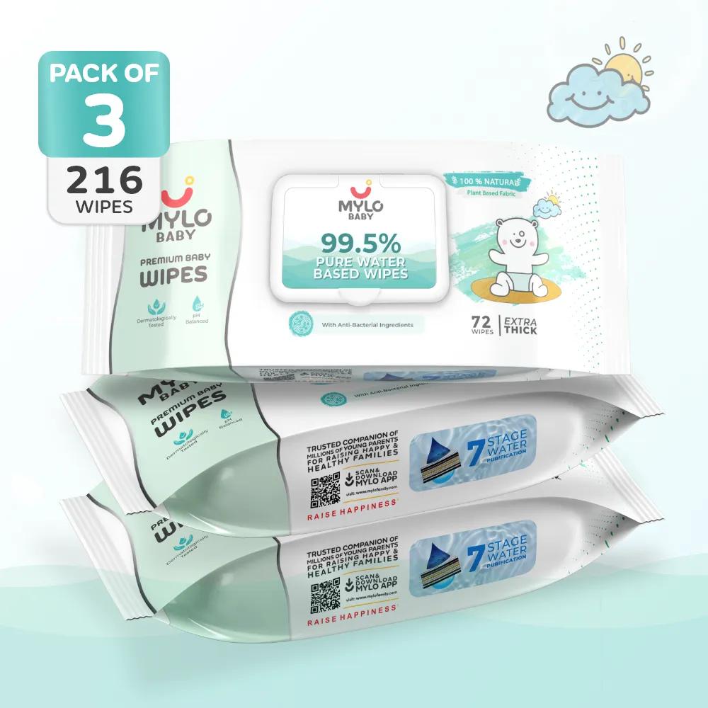 Mylo Baby 99.5% Ultra Pure Water- Based Premium Wipes with 100% Extra Thick Cotton Fabric with Lid - Pack of 3