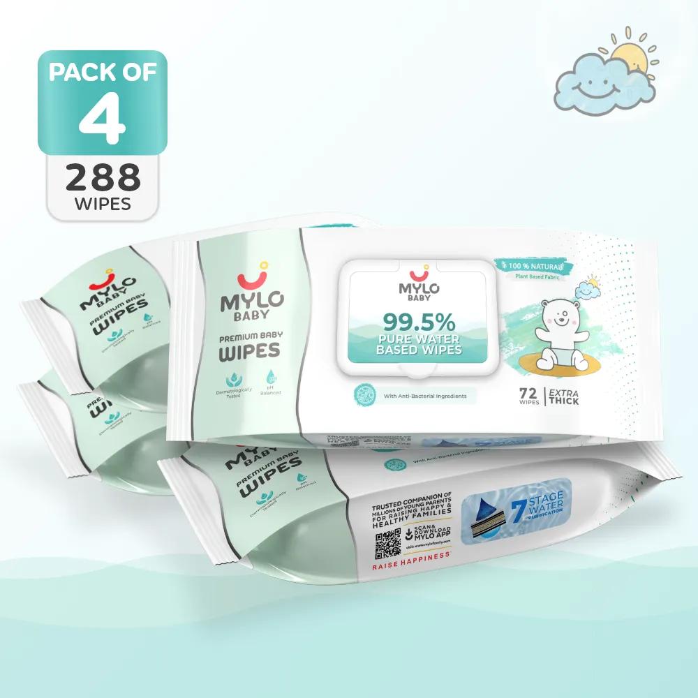 Mylo Baby 99.5% Ultra Pure Water- Based Premium Wipes with 100% Extra Thick Cotton Fabric with Lid - Pack of 4