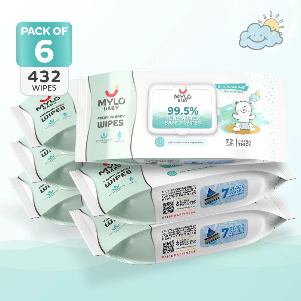 Mylo Baby 99.5% Ultra Pure Water- Based Premium Wipes with 100% Extra Thick Cotton Fabric with Lid - Pack of 6