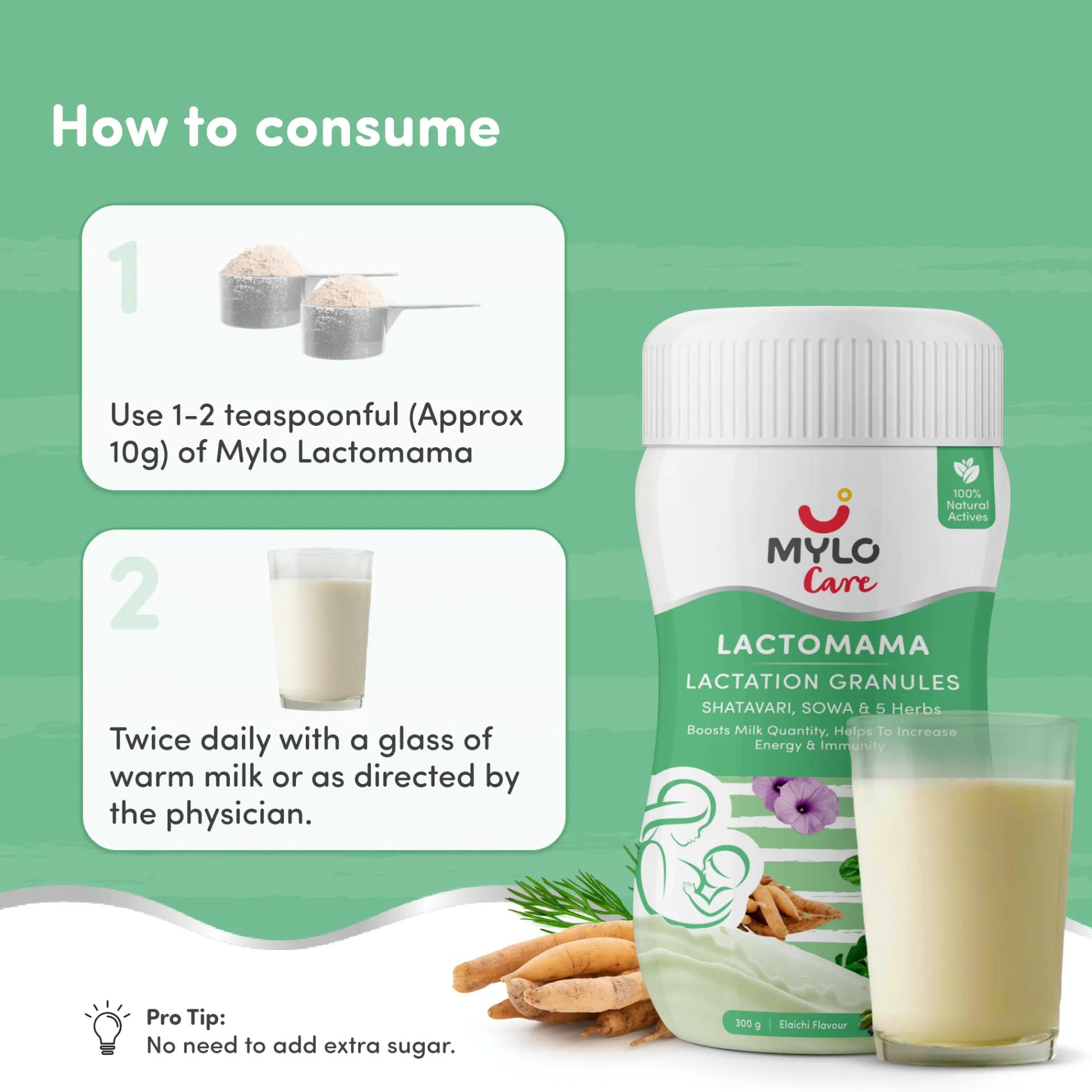Mylo LactoMama ™ | With Shatavari, Sowa & 5 herbs | Natural Supplement for Boosting Breast Milk Supply | 100% Natural Ingredients | 300g | Pack of 1 | Elaichi
