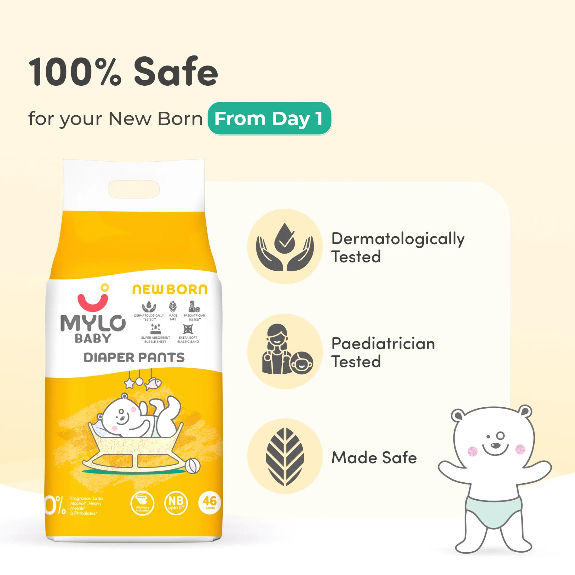 Mylo Baby New Born Diaper Pants | Up to 5Kgs | with Wetness Indicator | 92 Count 