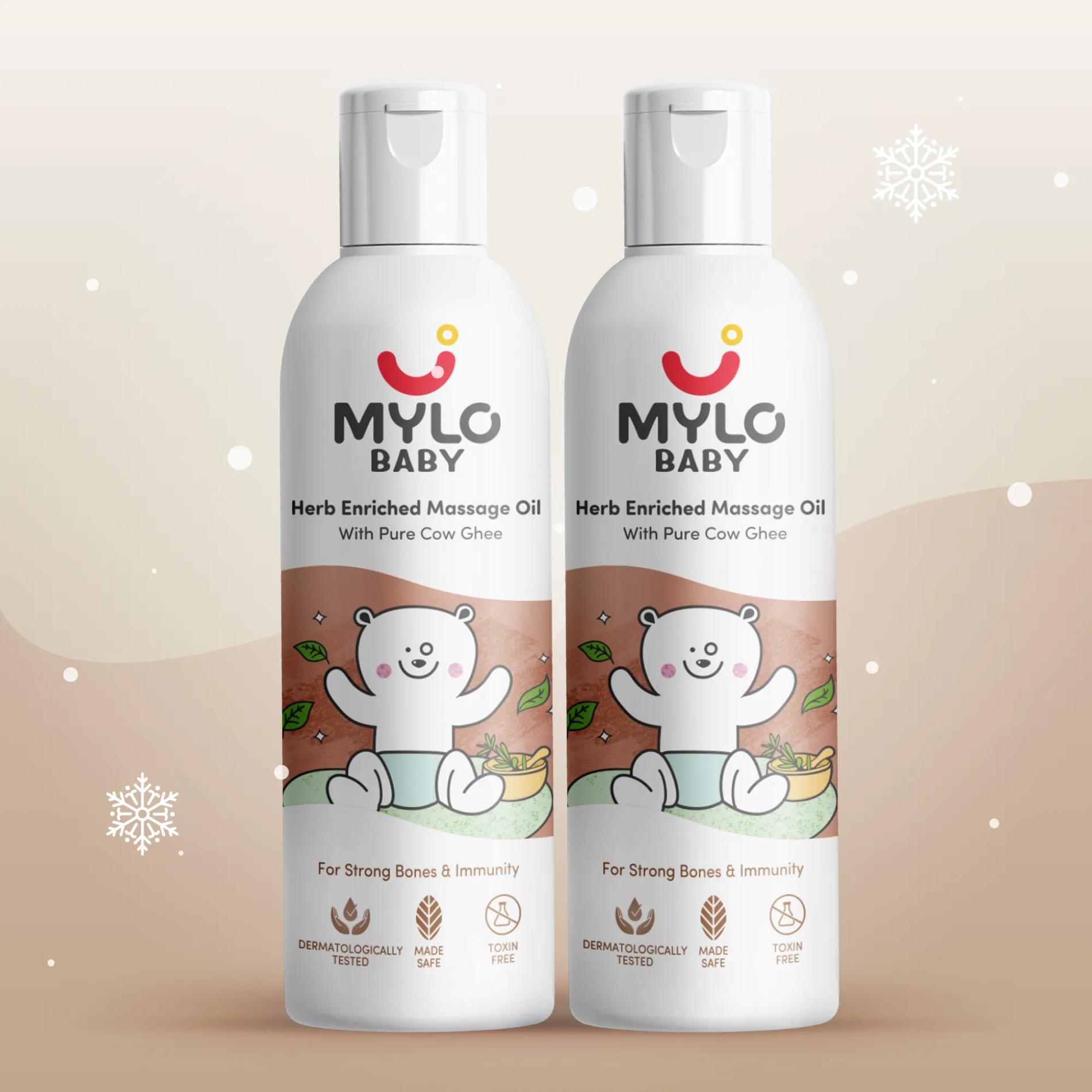 Mylo Herb Enriched Baby Massage Oil - 200 ml | Pack of 2 | For Winters Dermatologically Tested | Made Safe Certified | Nourishes Skin | Strengthens Immunity | Ayurvedic Preparation