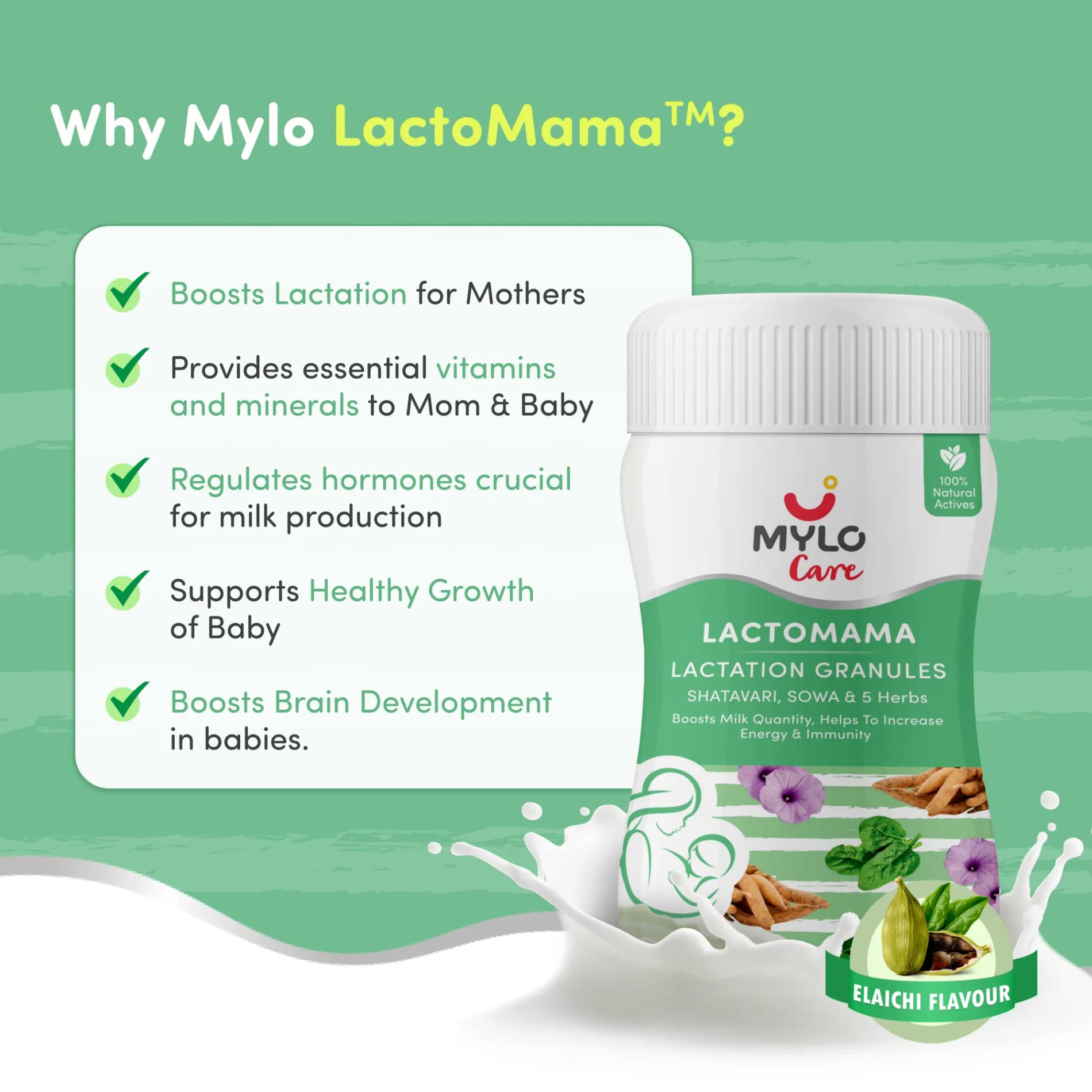 Mylo LactoMama ™ | With Shatavari, Sowa & 5 herbs | Natural Supplement for Boosting Breast Milk Supply | 100% Natural Ingredients | 300g | Pack of 1 | Elaichi