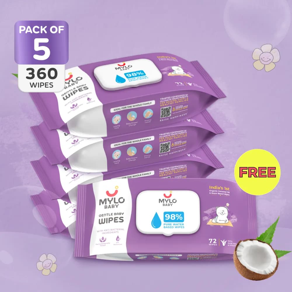 Gentle Baby Wipes With Lid - Organic Coconut Oil, Neem, Aloe Vera and Vitamin E | 98% Pure Water | Dermatologically Tested (Pack of 4 + 1 Pack Free) -72  Wipes Per Pack