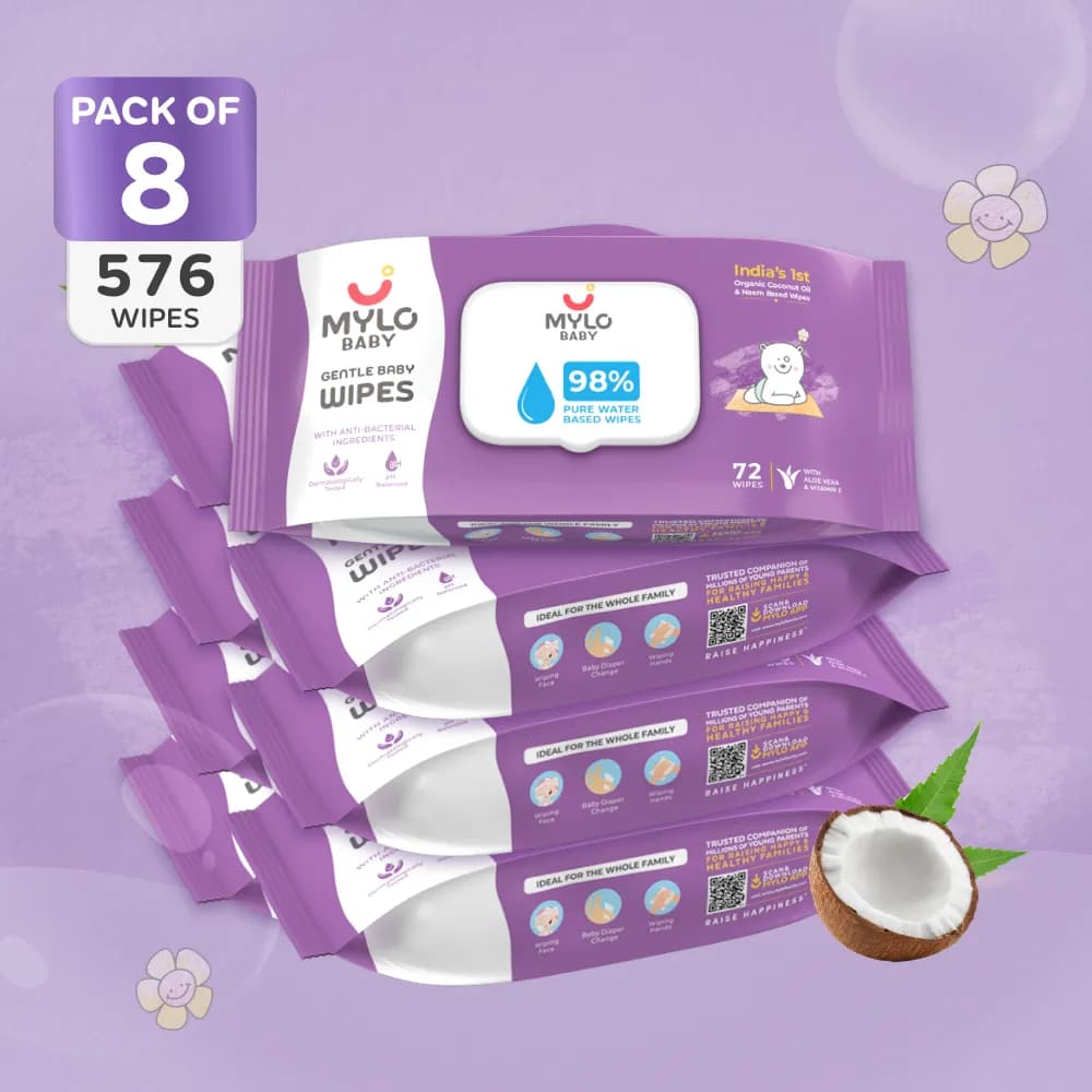 Gentle Baby Wipes With Lid - Organic Coconut Oil, Neem, Aloe Vera and Vitamin E | 98% Pure Water | Dermatologically Tested (Pack of 8) - 72 Wipes Per Pack