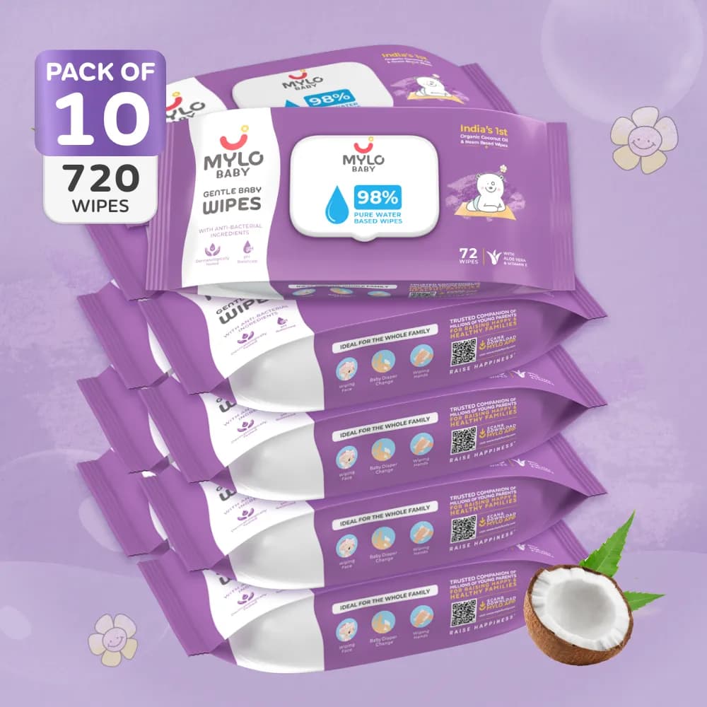 Gentle Baby Wipes With Lid - Organic Coconut Oil, Neem, Aloe Vera and Vitamin E | 98% Pure Water | Dermatologically Tested (Pack of 10) - 72 Wipes Per Pack