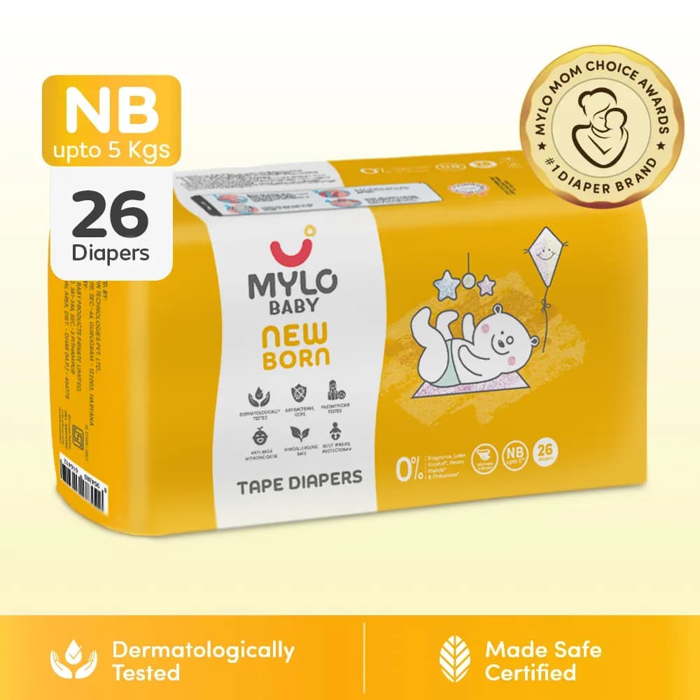 Mylo Baby New Born Tape Diapers | Size upto 5 kgs | 26 count | Naval Protection | Wetness Indicator | Rash Free | 12 Hours Protection | Pack of 1