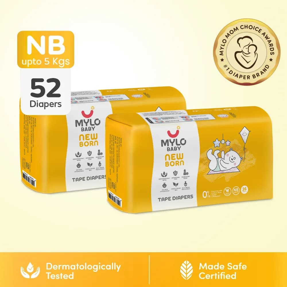Mylo Baby New Born Tape Diapers | Size upto 5 kgs | 52 count | Naval Protection | Wetness Indicator | Rash Free | 12 Hours Protection