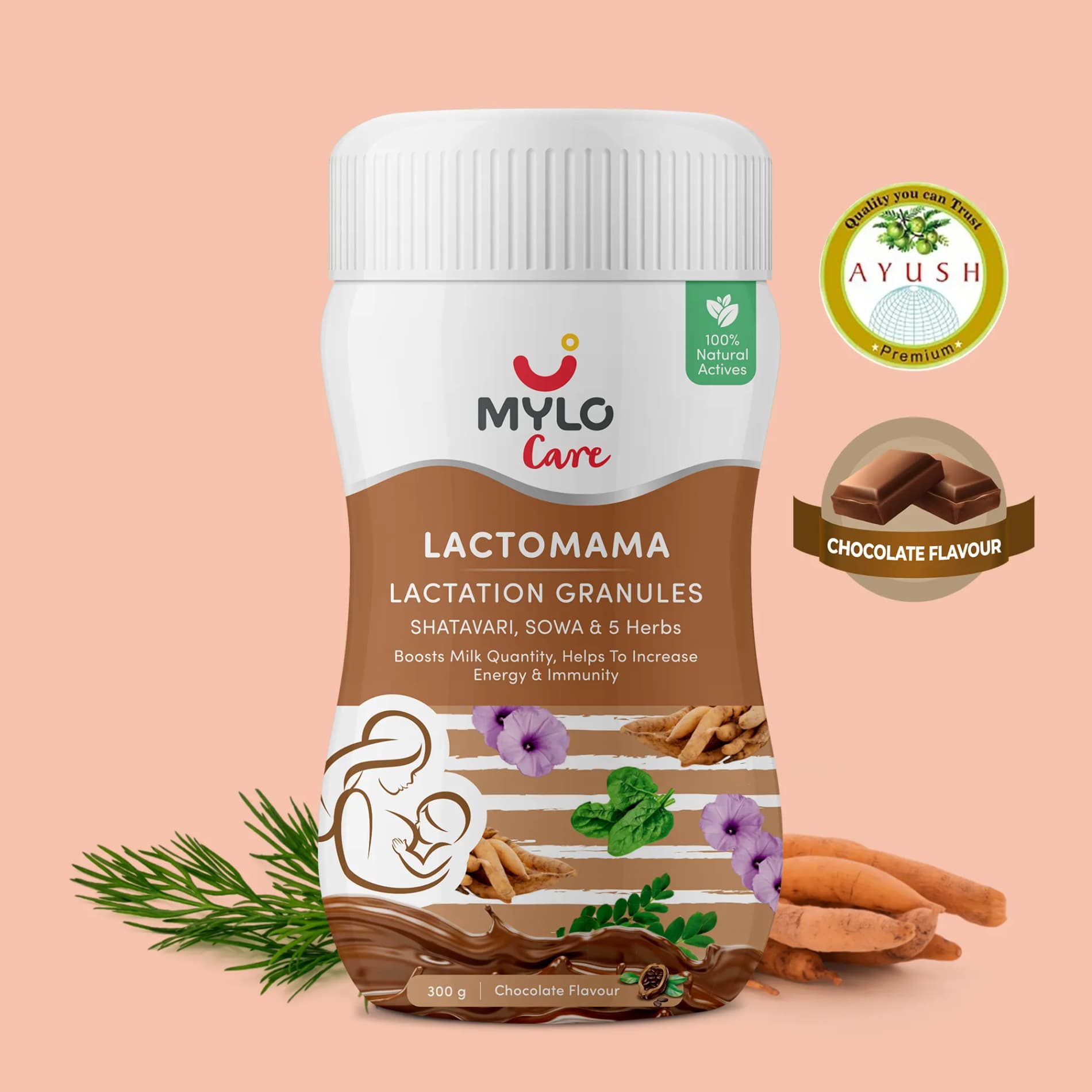 Mylo LactoMama ™ | With Shatavari, Sowa & 5 herbs | Natural Supplement for Boosting Breast Milk Supply | 100% Natural Ingredients | 300g | Pack of 1 | Chocolate