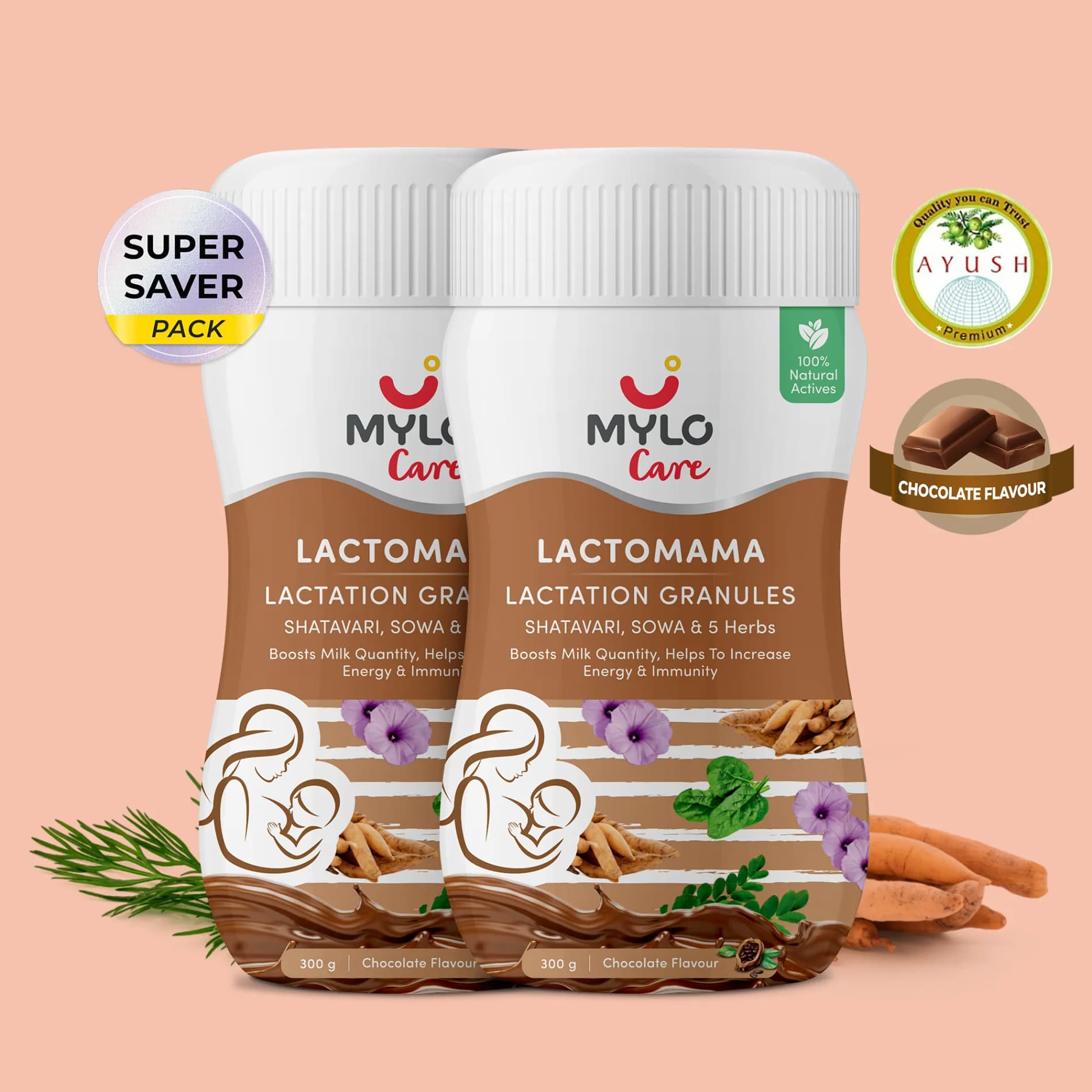 Mylo LactoMama ™ | With Shatavari, Sowa & 5 herbs | Natural Supplement for Boosting Breast Milk Supply | 100% Natural Ingredients | 300g | Pack of 2 | Chocolate