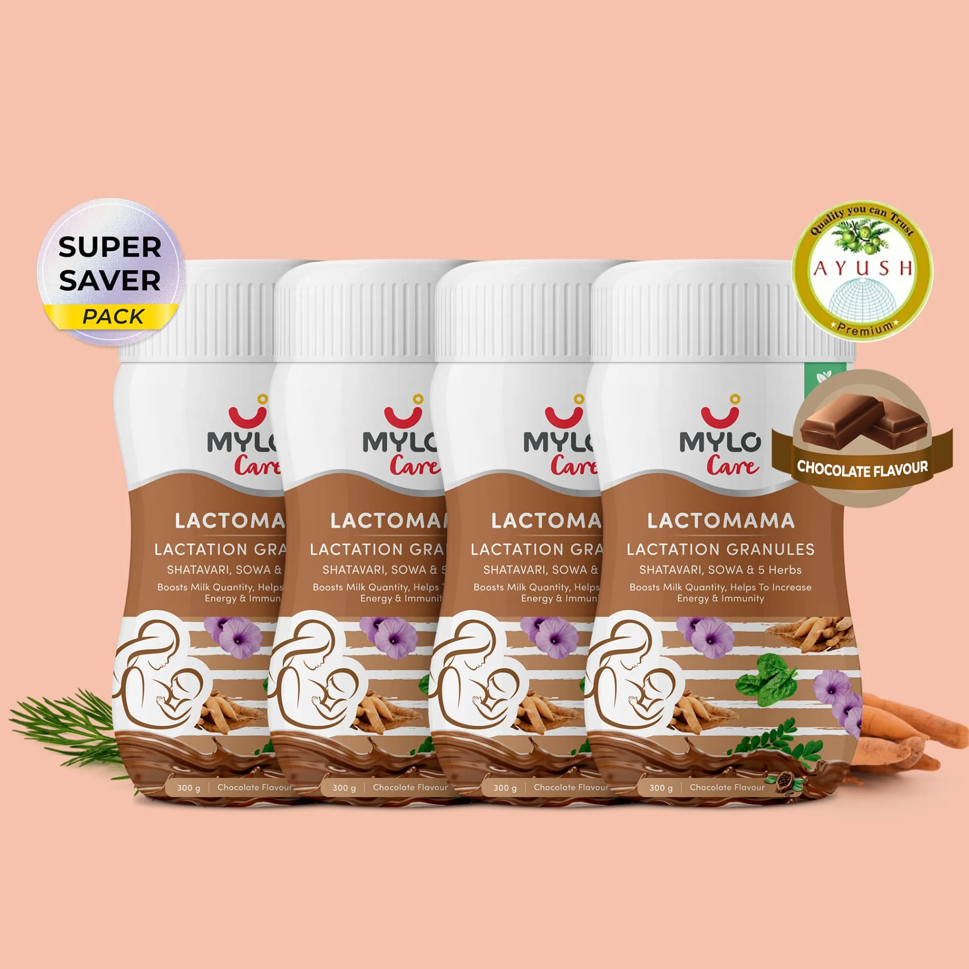 Mylo LactoMama ™ | With Shatavari, Sowa & 5 herbs | Natural Supplement for Boosting Breast Milk Supply | 100% Natural Ingredients | 300g | Pack of 4 | Chocolate