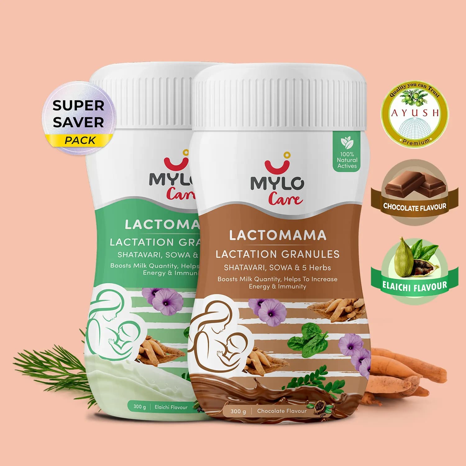 Mylo LactoMama ™ | With Shatavari, Sowa & 5 herbs | Natural Supplement for Boosting Breast Milk Supply | 100% Natural Ingredients | 300g | Chocolate & Elaichi - Pack of 1 each