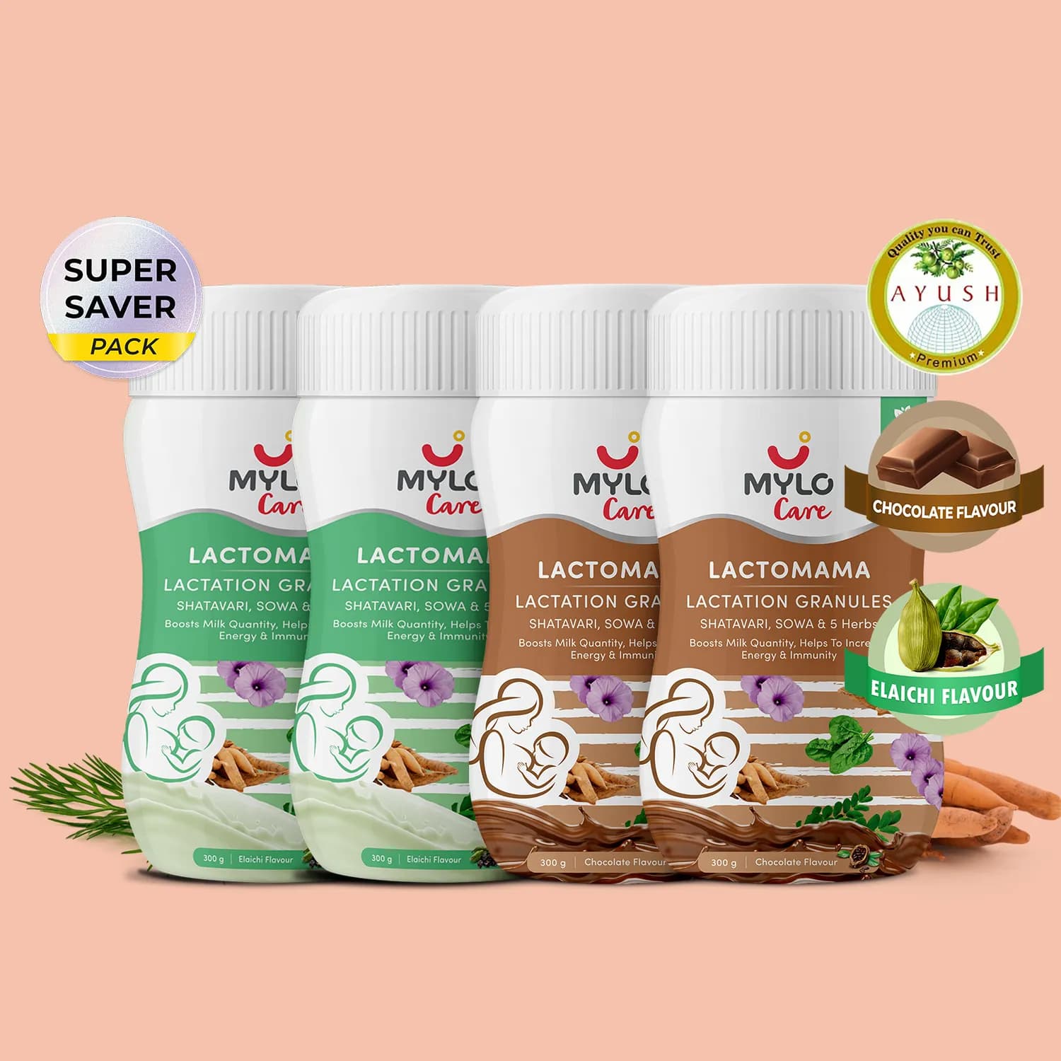 Mylo LactoMama ™ | With Shatavari, Sowa & 5 herbs | Natural Supplement for Boosting Breast Milk Supply | 100% Natural Ingredients | 300g | Chocolate & Elaichi - Pack of 2 each