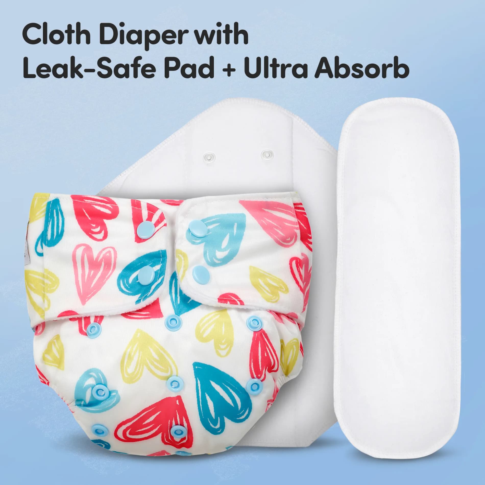 Adjustable & Reusable Cloth Diaper with Leaksafe & Ultra Absorb Pad (3M-3Y) - Heart Doodle Print - Pack of 1