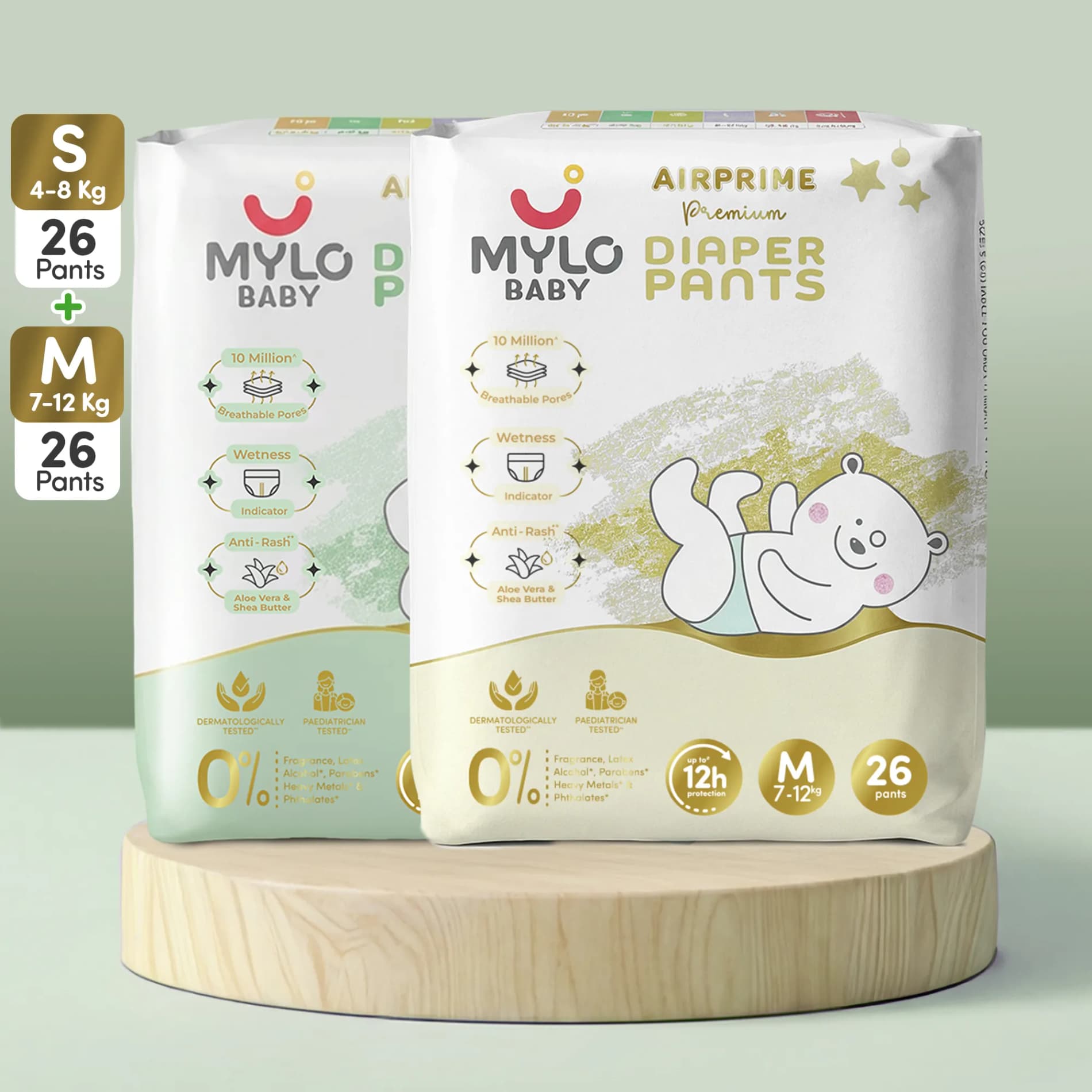 Baby Growth Combo- (S+M) - Mylo Airprime™ Premium Diaper Pants with Wetness Indicator (5-12 Kgs) - 52 Count