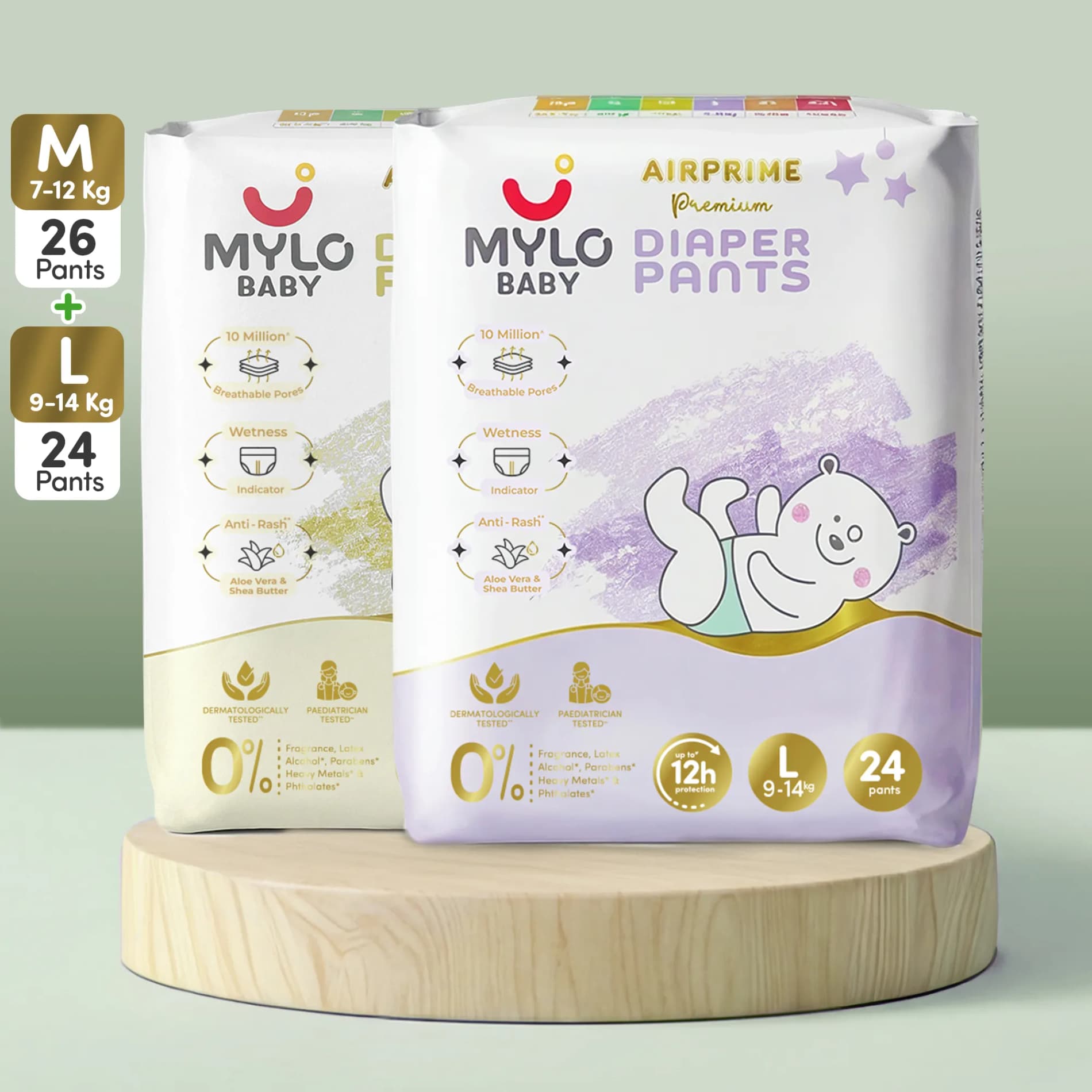 Baby Growth Combo- (M+L) - Mylo Airprime™ Premium Diaper Pants with Wetness Indicator (7-12 Kgs) - 50 Count
