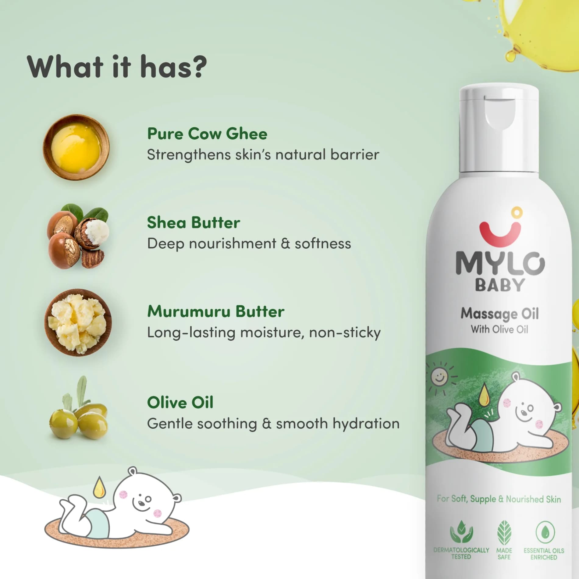 Baby Massage Oil 200ml | Improves Complexion & Skin Tone | Moisturizes & Nourishes Skin | Aids in Sun Protection | Made Safe Certified