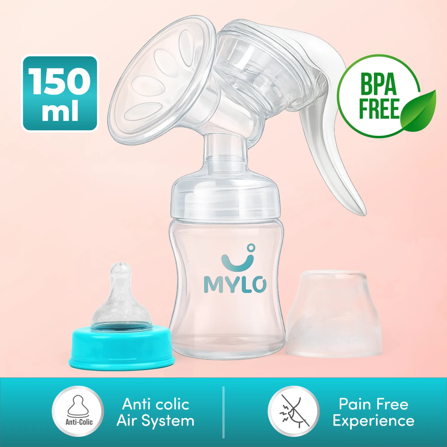 Manual Breast Pump For Feeding Mothers | Anti Colic & BPA Free | Compact & Lightweight | Easy to hold | Easy to Clean | With Bottle (150 ml)