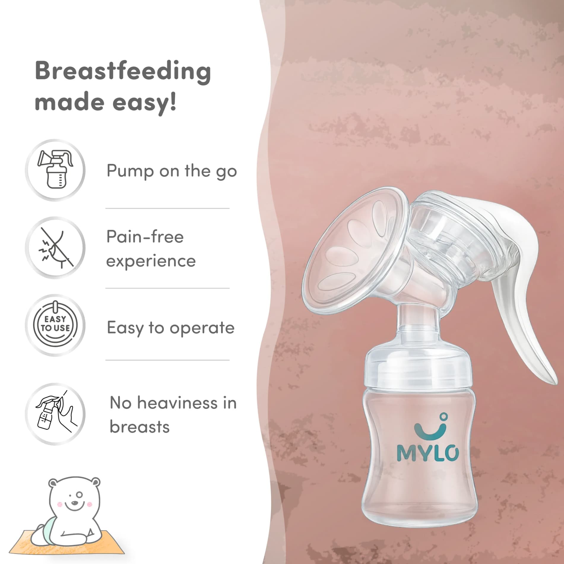 Manual Breast Pump For Feeding Mothers | Anti Colic & BPA Free | Compact & Lightweight | Easy to hold | Easy to Clean | With Bottle (150 ml)