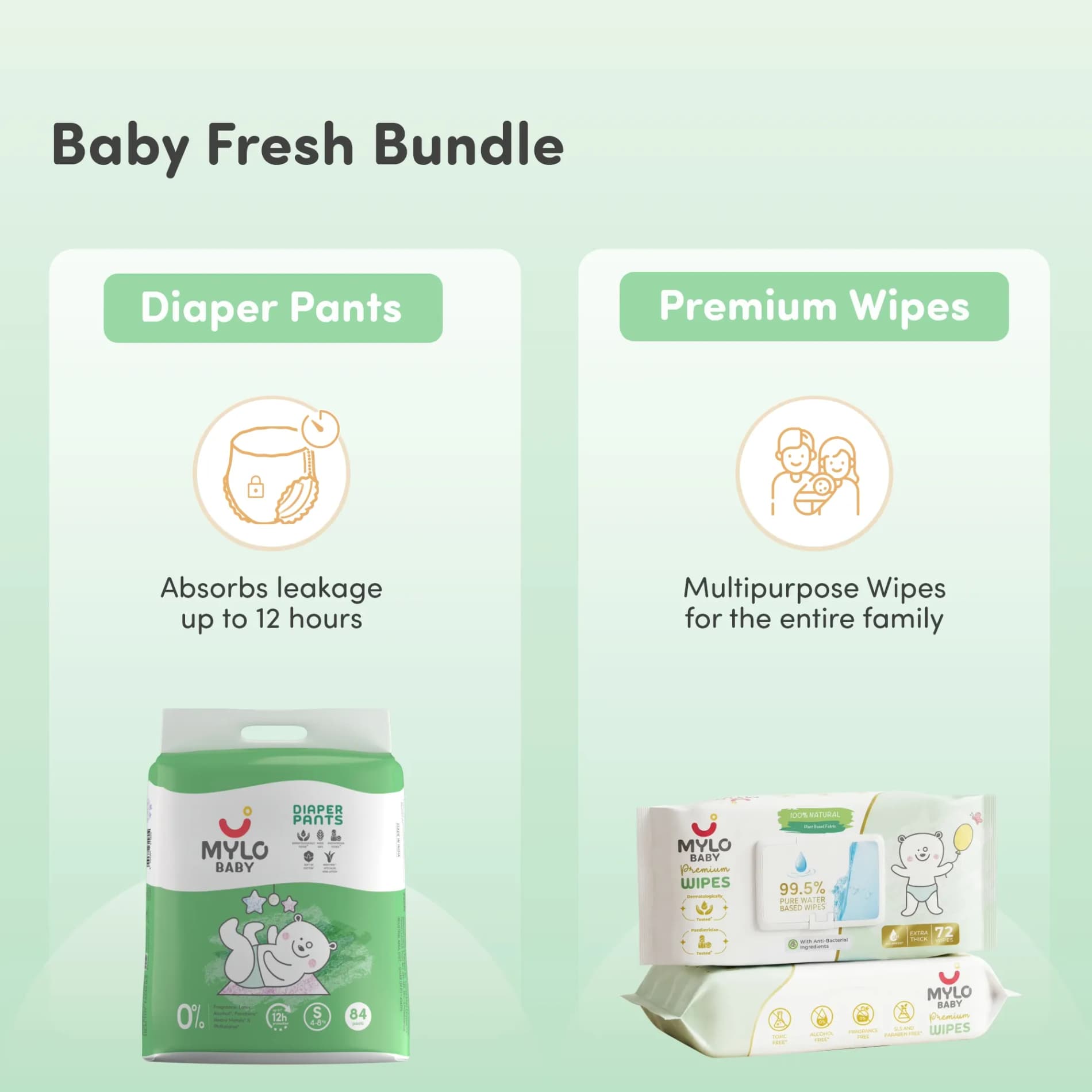 Baby Diaper Pants Small (S) Size 4-8 kgs (Jumbo Pack) + 99.5% Ultra Pure Water- Based Premium Wipes (Pack of 2)