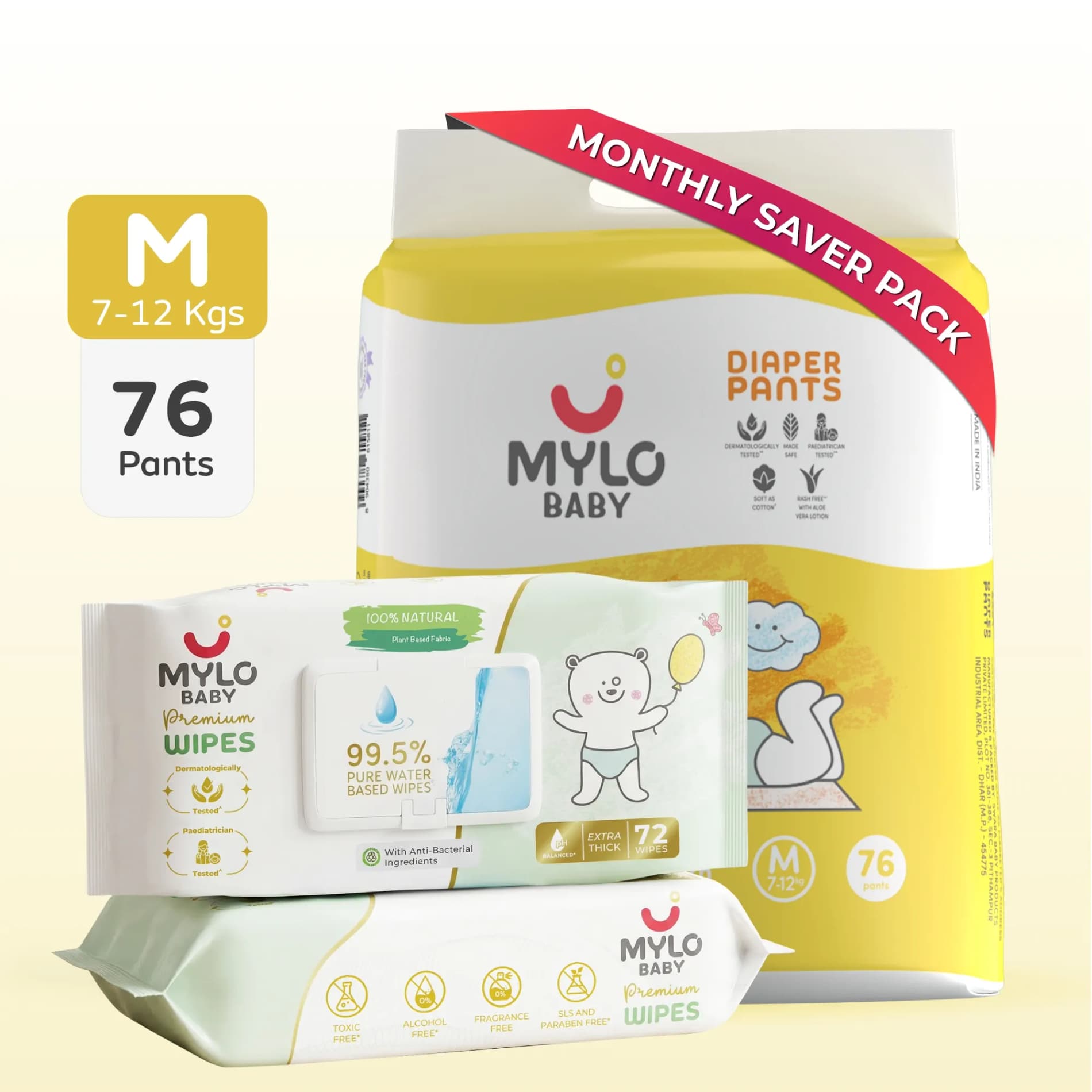 Baby Diaper Pants Medium (M) Size 7-12 kgs (Jumbo Pack) + 99.5% Ultra Pure Water- Based Premium Wipes (Pack of 2)
