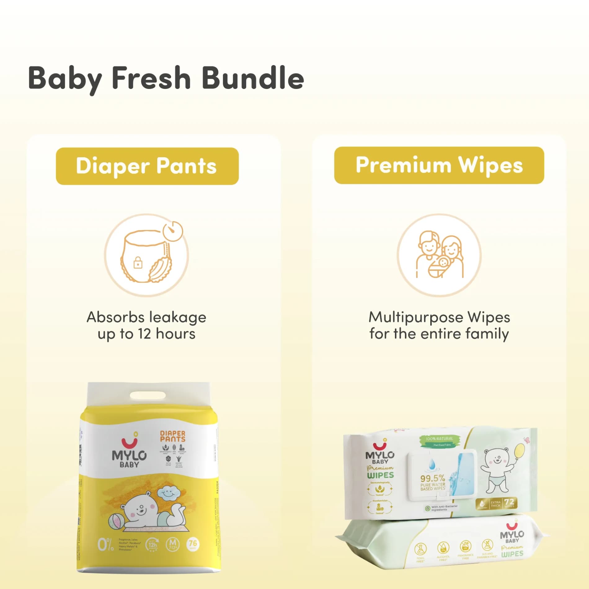 Baby Diaper Pants Medium (M) Size 7-12 kgs (Jumbo Pack) + 99.5% Ultra Pure Water- Based Premium Wipes (Pack of 2)