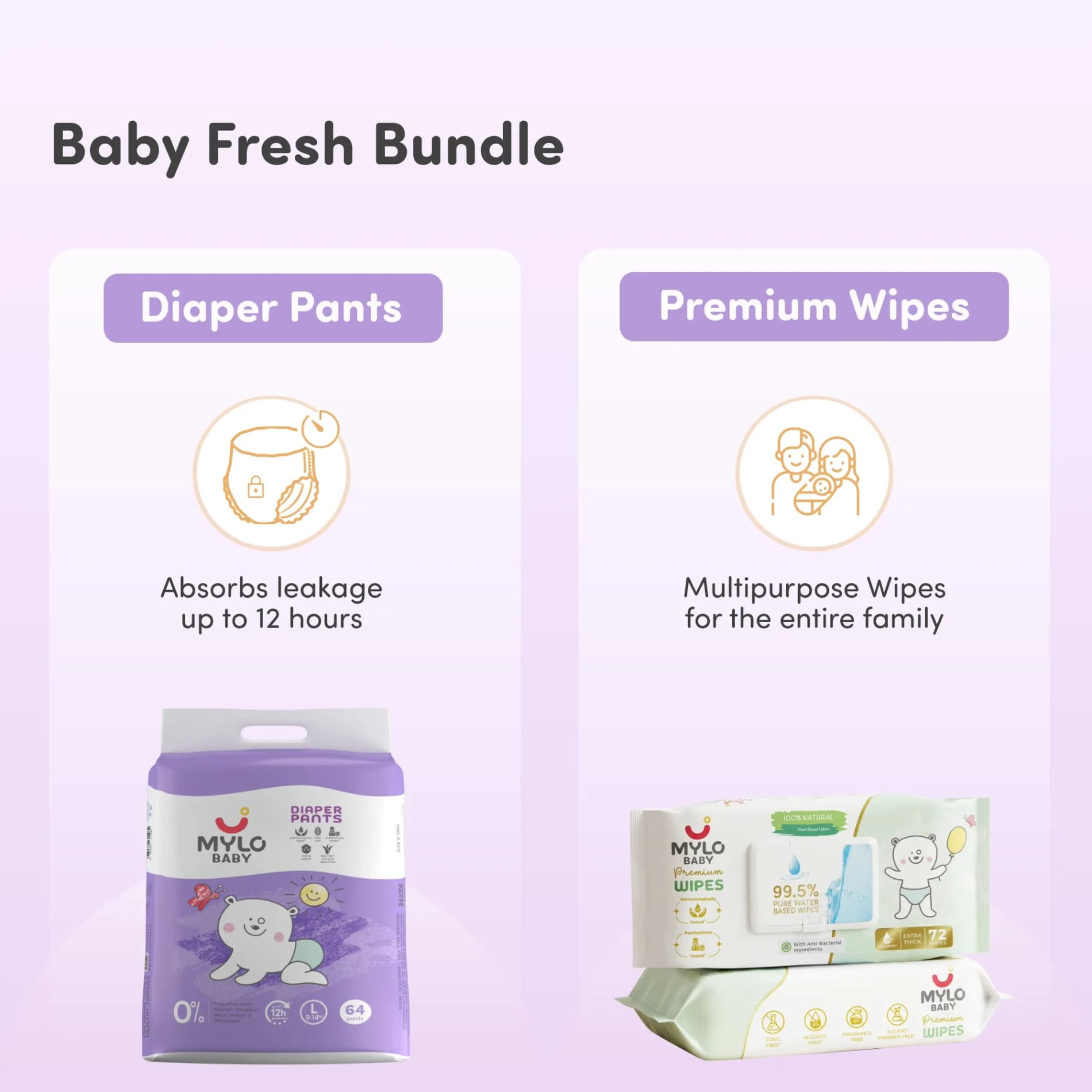 Baby Diaper Pants Large (L) Size 9-14 kgs (Jumbo Pack) + 99.5% Ultra Pure Water- Based Premium Wipes (Pack of 2)