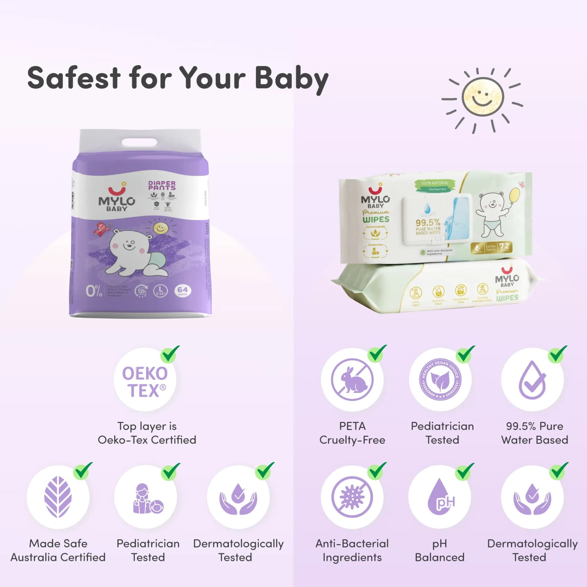 Baby Diaper Pants Large (L) Size 9-14 kgs (Jumbo Pack) + 99.5% Ultra Pure Water- Based Premium Wipes (Pack of 2)