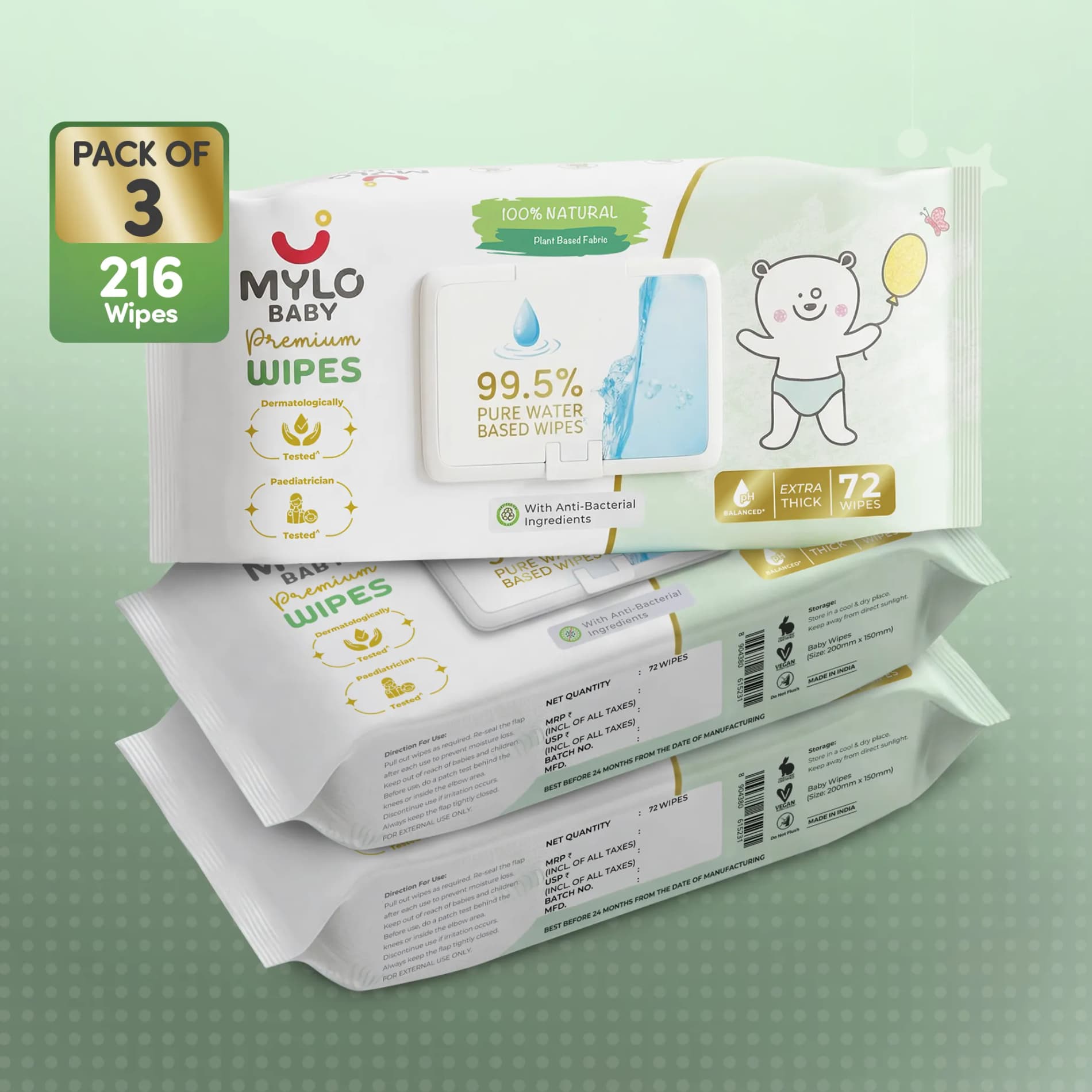 Mylo Baby 100% Plant-based Premium Wipes with 99.5% Pure Water & Calendula Extract - Pack of 3