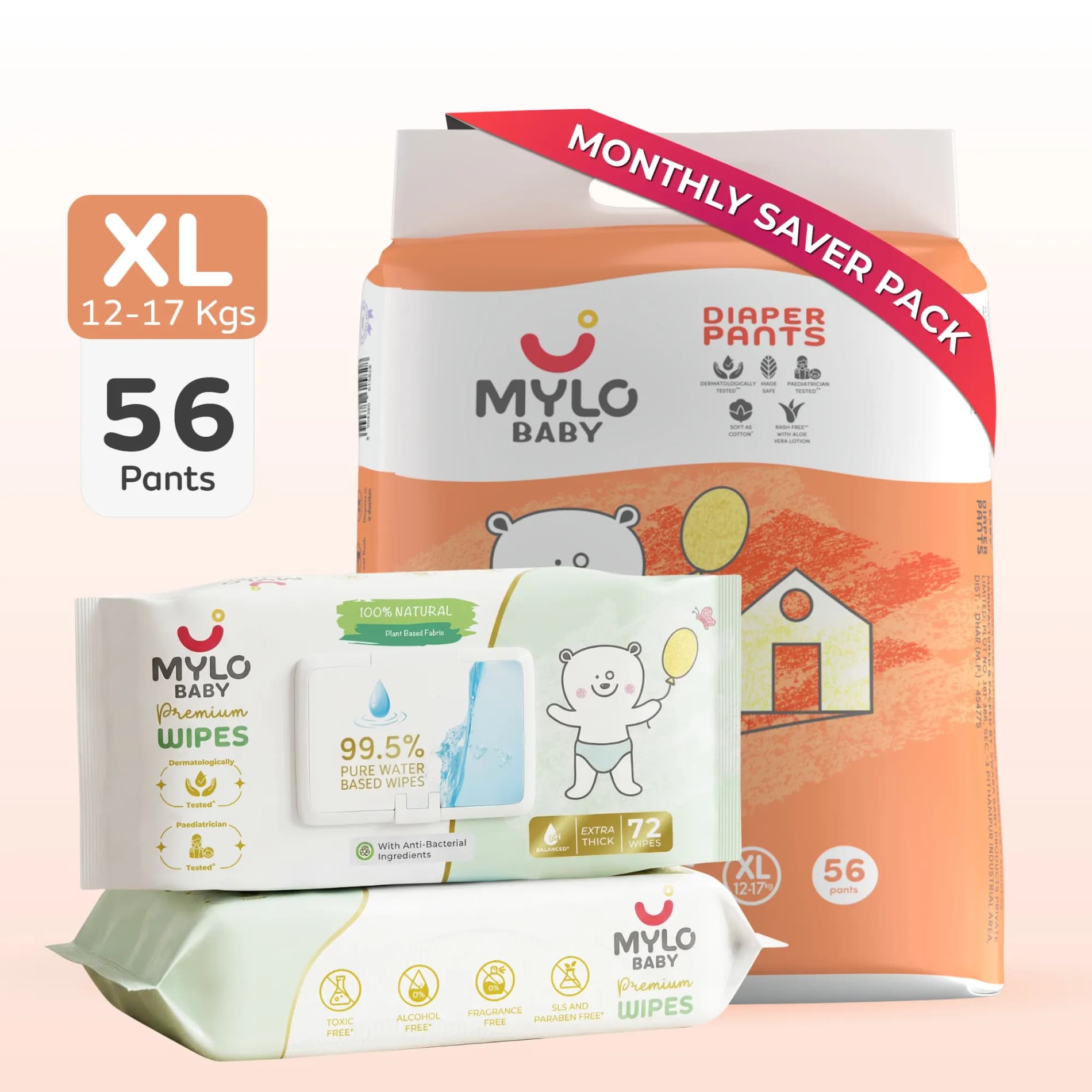 Baby Diaper Pants Extra Large (XL) Size 12-17 kgs (Jumbo Pack) + 99.5% Ultra Pure Water- Based Premium Wipes (Pack of 2)