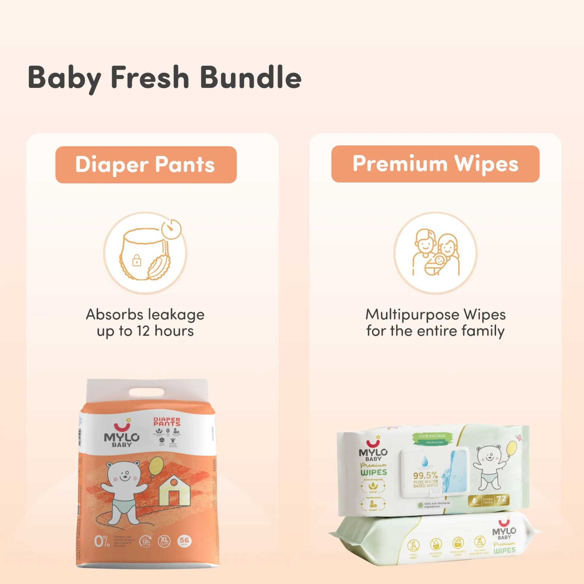 Baby Diaper Pants Extra Large (XL) Size 12-17 kgs (Jumbo Pack) + 99.5% Ultra Pure Water- Based Premium Wipes (Pack of 2)