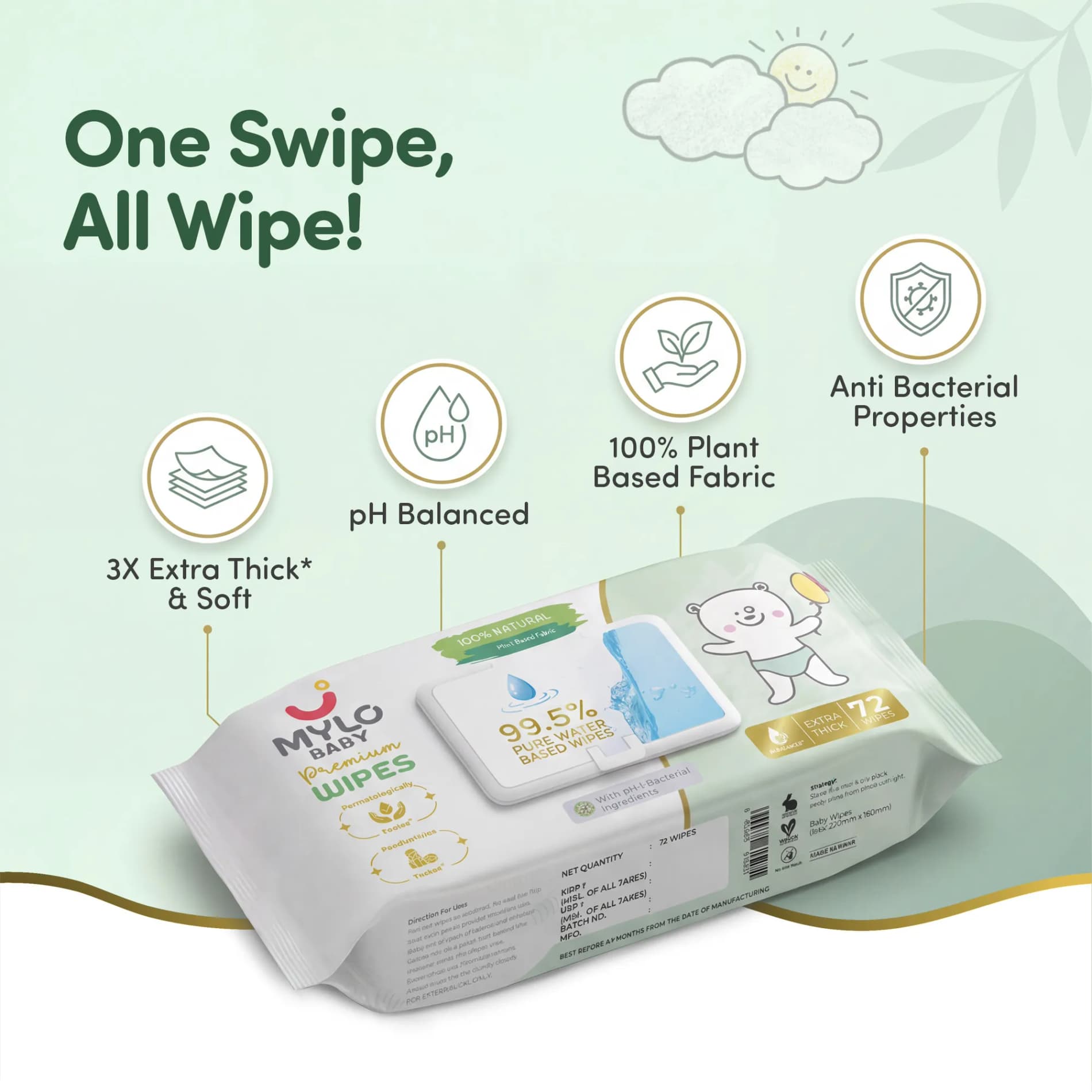 Mylo Baby 100% Plant-based Premium Wipes with 99.5% Pure Water & Calendula Extract - Pack of 3