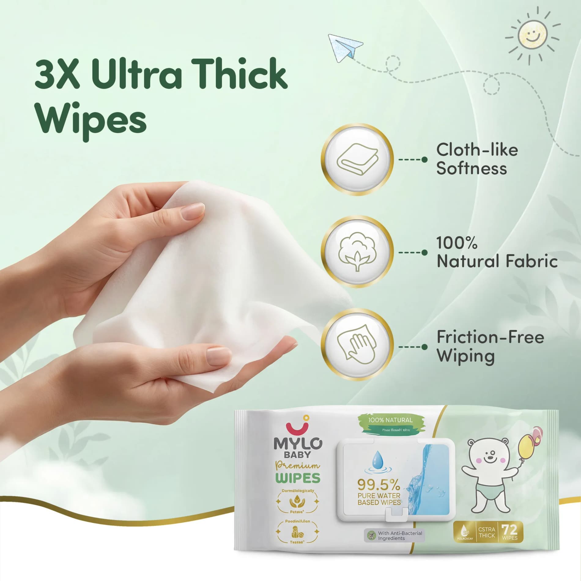 Mylo Baby 100% Plant-based Premium Wipes with 99.5% Pure Water & Calendula Extract - Pack of 3
