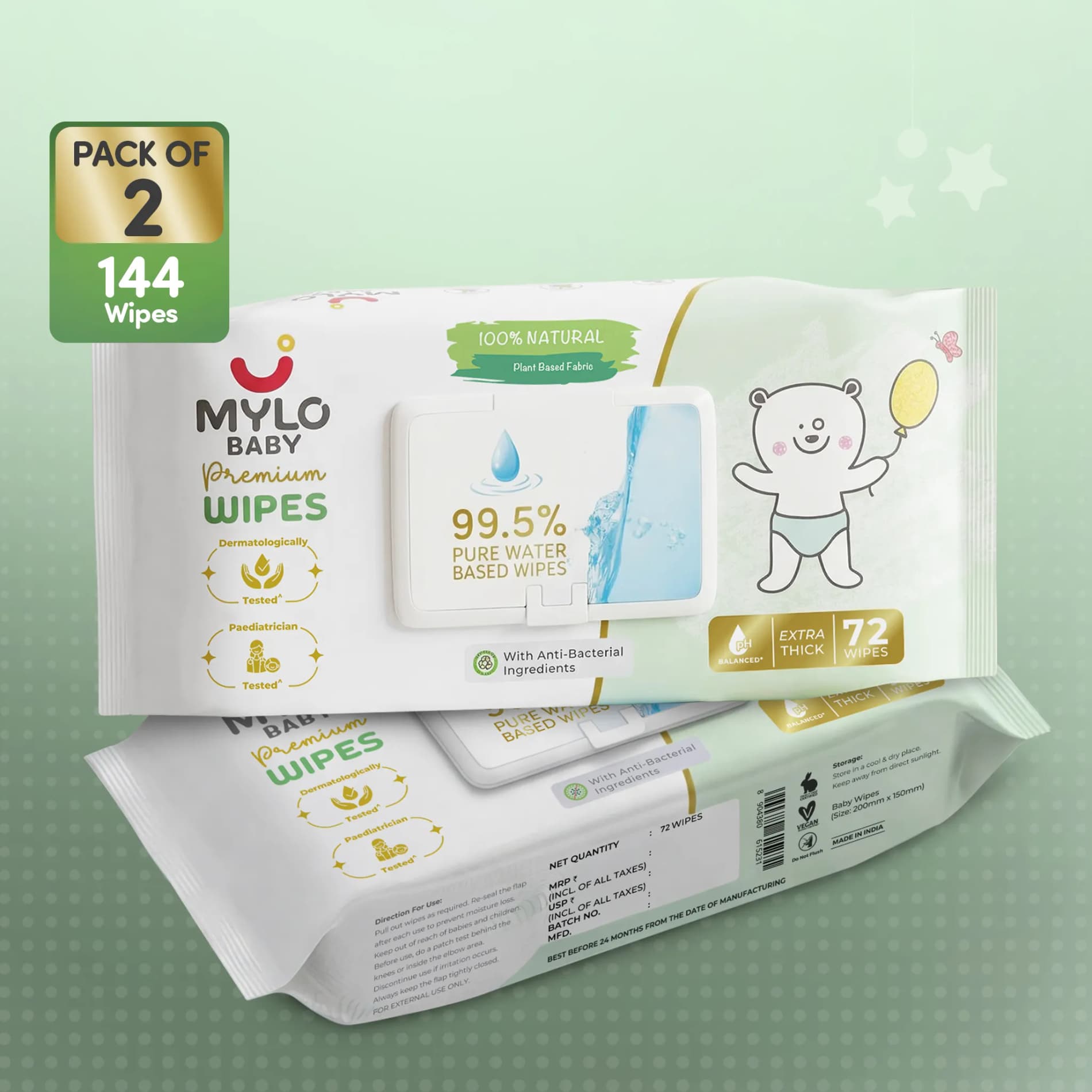 Mylo Baby 100% Plant-based Premium Wipes with 99.5% Pure Water & Calendula Extract - Pack of 2