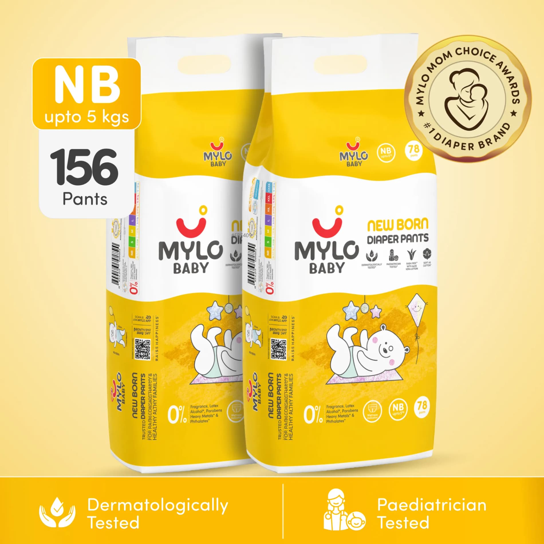 Mylo Baby New Born Diaper Pants | Size upto 5 kgs (78 count) | 12 Hours Protection | Rash Free | ADL Technology (Pack of 2)