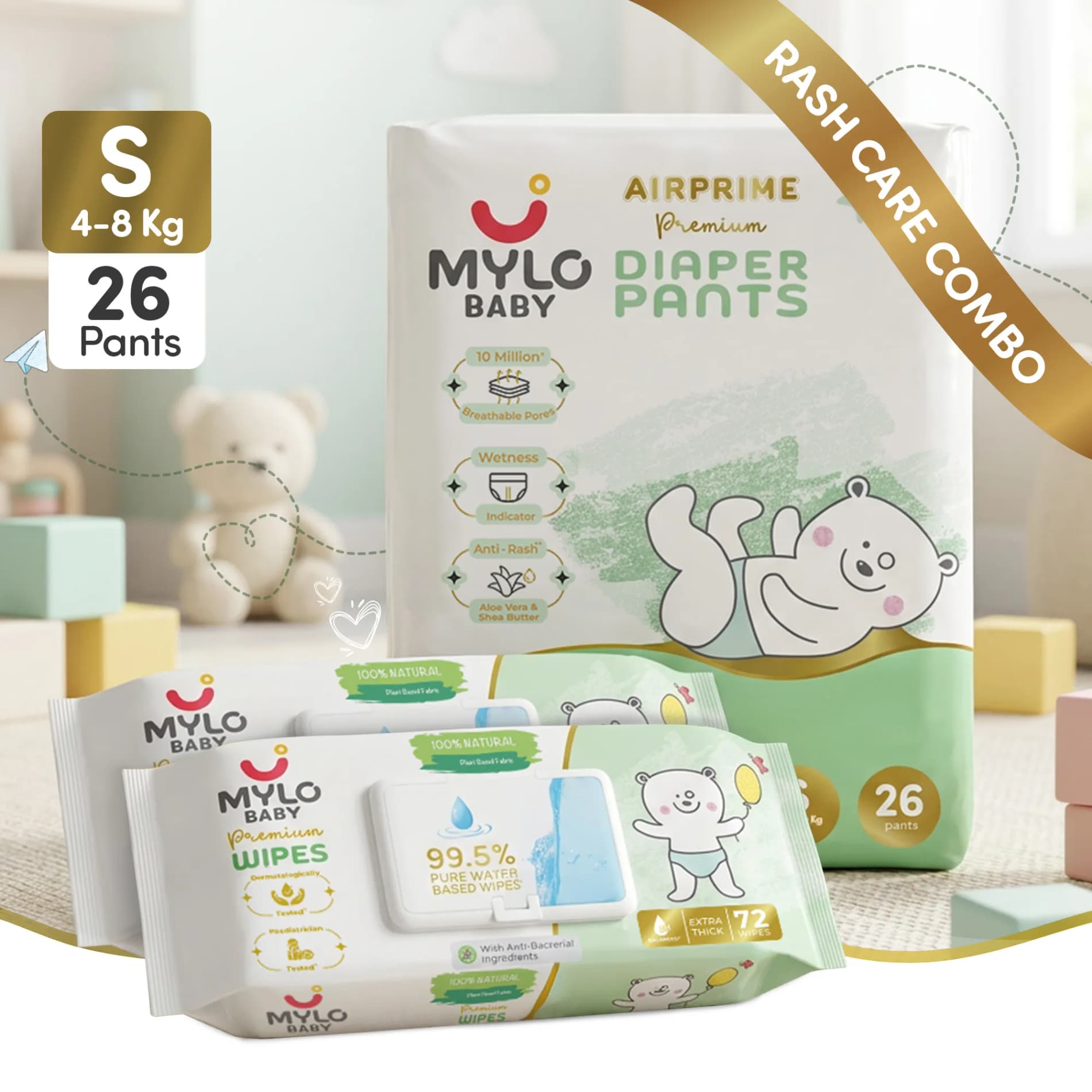 Mylo Rash Care Combo™ | Airprime Premium Diaper Pants S (5–9 kg, 26 Count) with Wetness Indicator + 100% Plant-Based Baby Wipes (99.5% Pure Water & Calendula, Pack of 2)