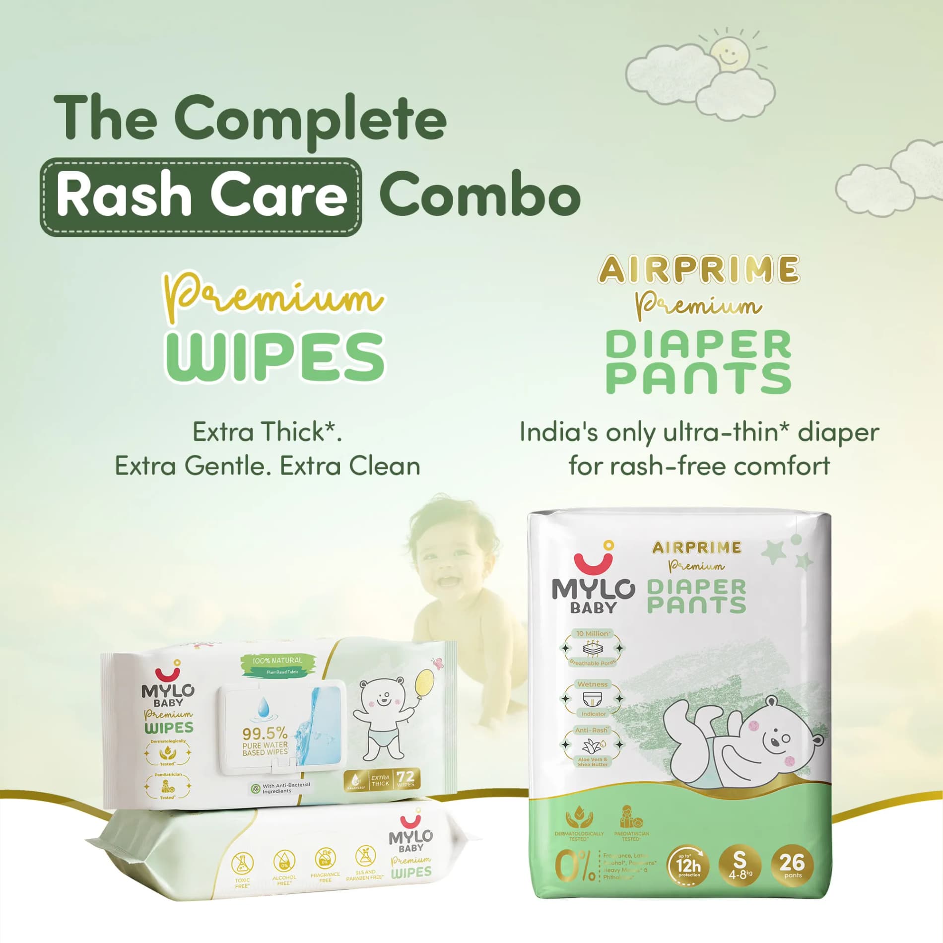 Mylo Rash Care Combo™ | Airprime Premium Diaper Pants S (5–9 kg, 26 Count) with Wetness Indicator + 100% Plant-Based Baby Wipes (99.5% Pure Water & Calendula, Pack of 2)