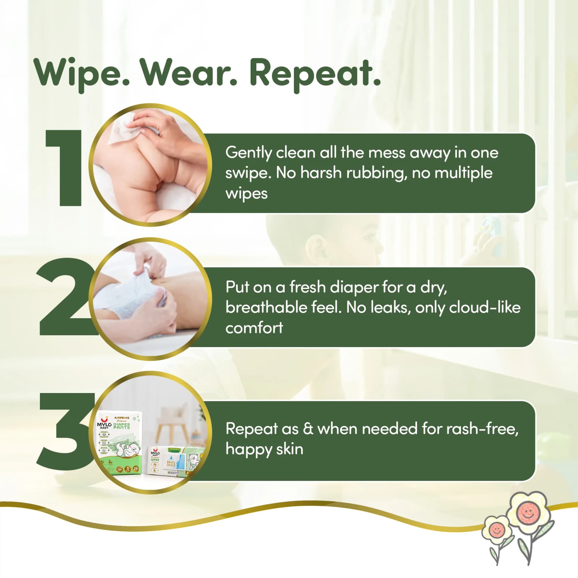 Mylo Rash Care Combo™ | Airprime Premium Diaper Pants S (5–9 kg, 26 Count) with Wetness Indicator + 100% Plant-Based Baby Wipes (99.5% Pure Water & Calendula, Pack of 2)