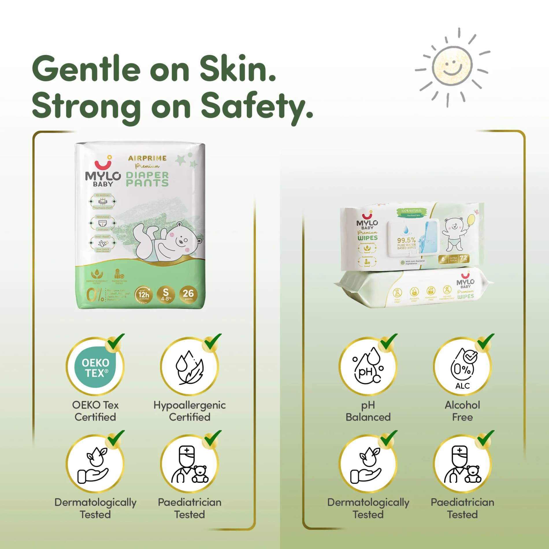 Mylo Rash Care Combo™ | Airprime Premium Diaper Pants S (5–9 kg, 26 Count) with Wetness Indicator + 100% Plant-Based Baby Wipes (99.5% Pure Water & Calendula, Pack of 2)