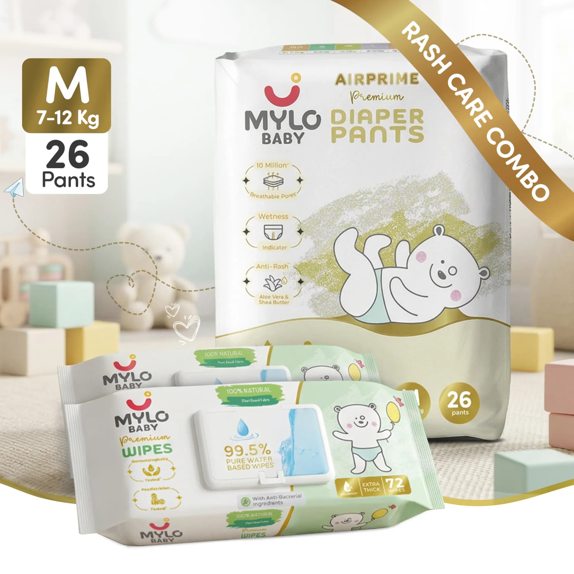 Mylo Rash Care Combo™ | Airprime Premium Diaper Pants M(8-13 Kgs- 26 Count) with Wetness Indicator + 100% Plant-Based Baby Wipes (99.5% Pure Water & Calendula, Pack of 2)