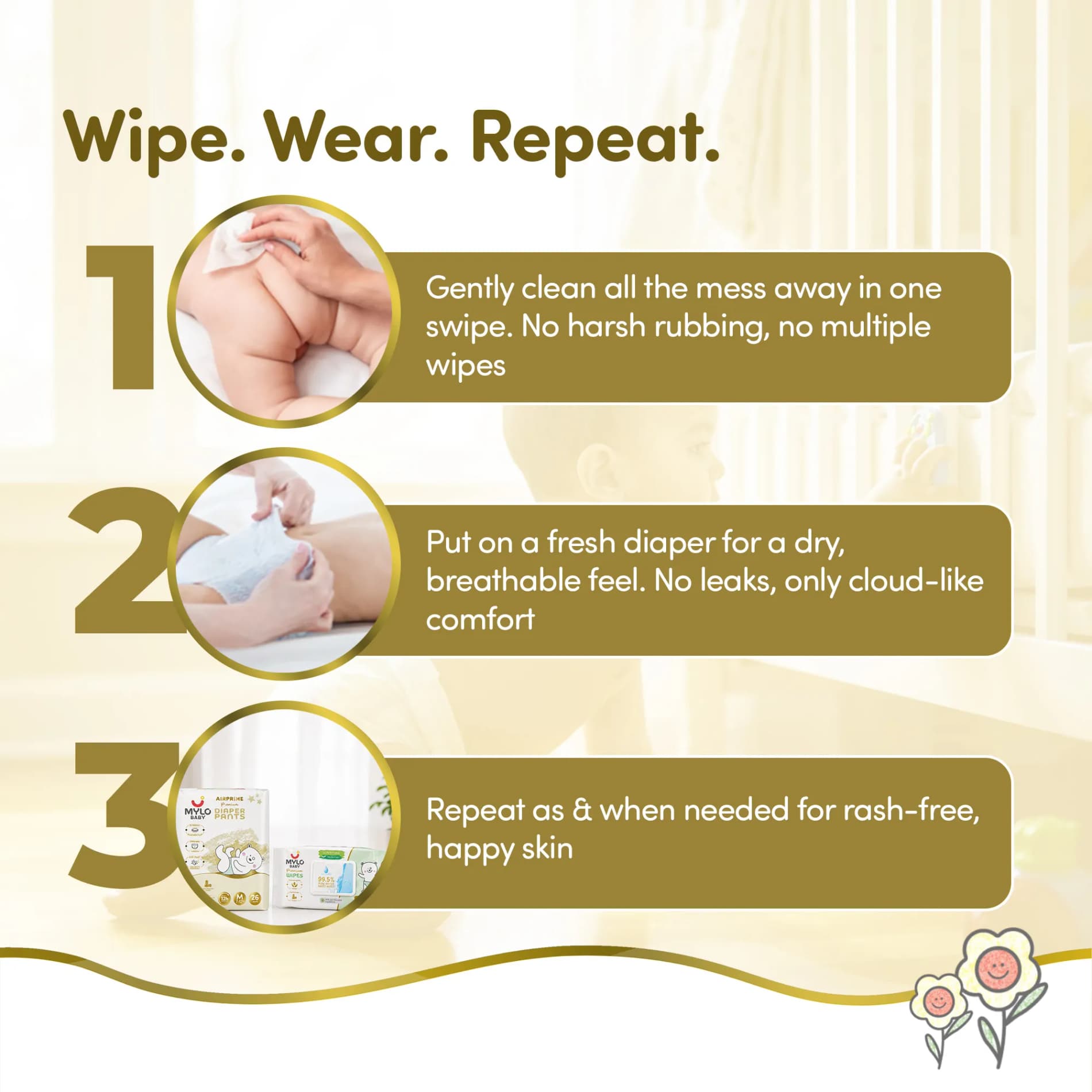 Mylo Rash Care Combo™ | Airprime Premium Diaper Pants M(8-13 Kgs- 26 Count) with Wetness Indicator + 100% Plant-Based Baby Wipes (99.5% Pure Water & Calendula, Pack of 2)