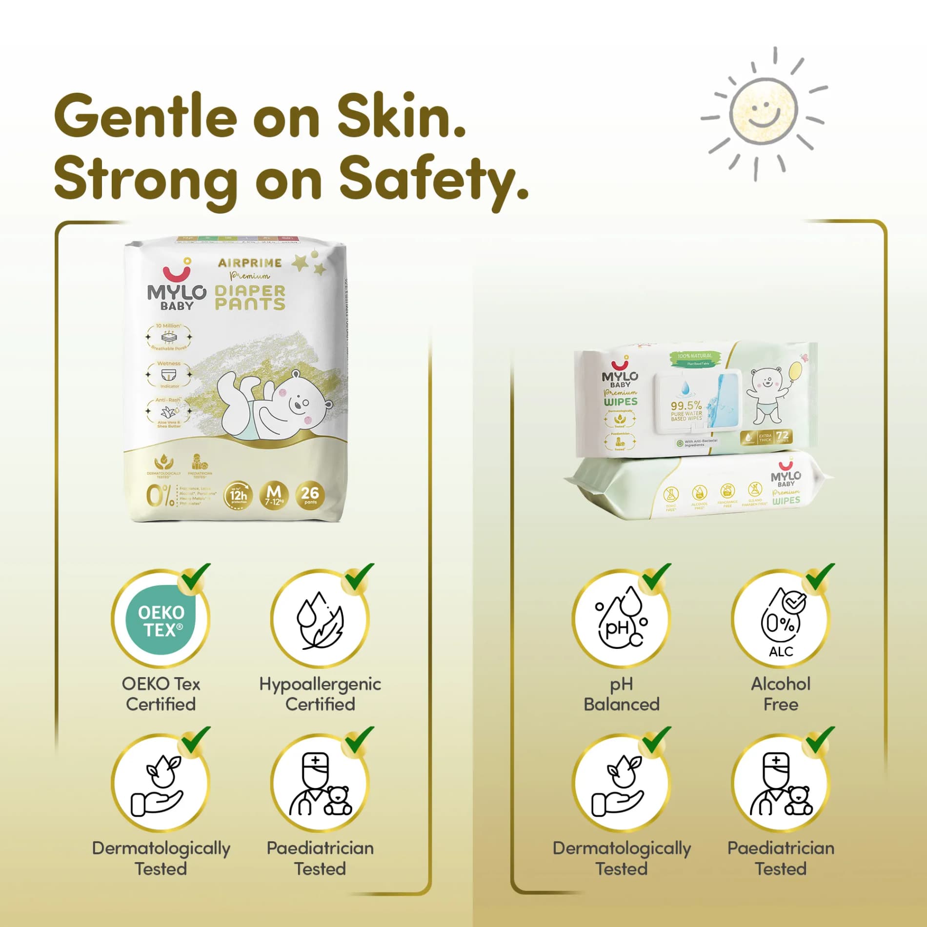 Mylo Rash Care Combo™ | Airprime Premium Diaper Pants M(8-13 Kgs- 26 Count) with Wetness Indicator + 100% Plant-Based Baby Wipes (99.5% Pure Water & Calendula, Pack of 2)