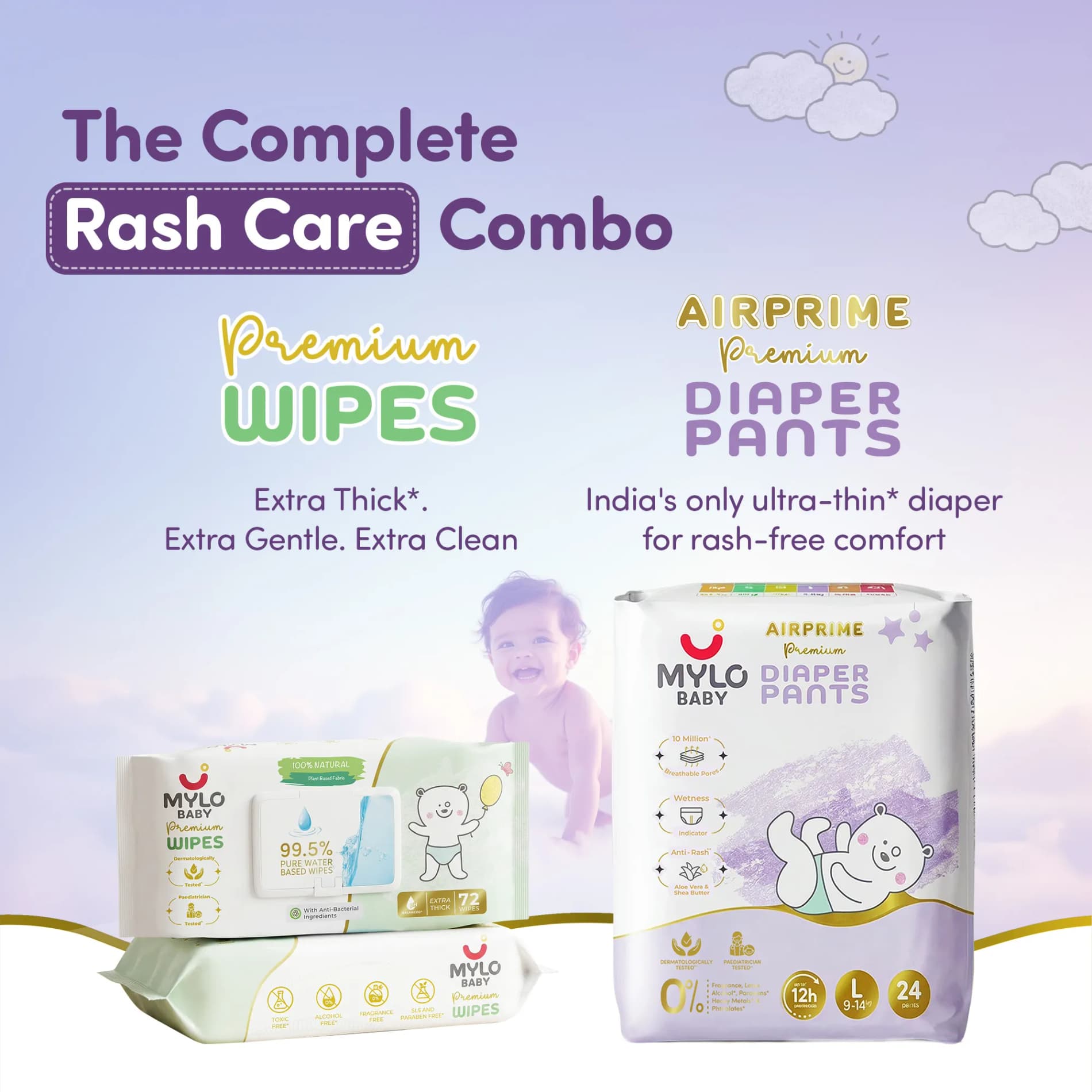 Mylo Rash Care Combo™ | Airprime Premium Diaper Pants L(10-15 Kgs- 24 Count) with Wetness Indicator + 100% Plant-Based Baby Wipes (99.5% Pure Water & Calendula, Pack of 2)