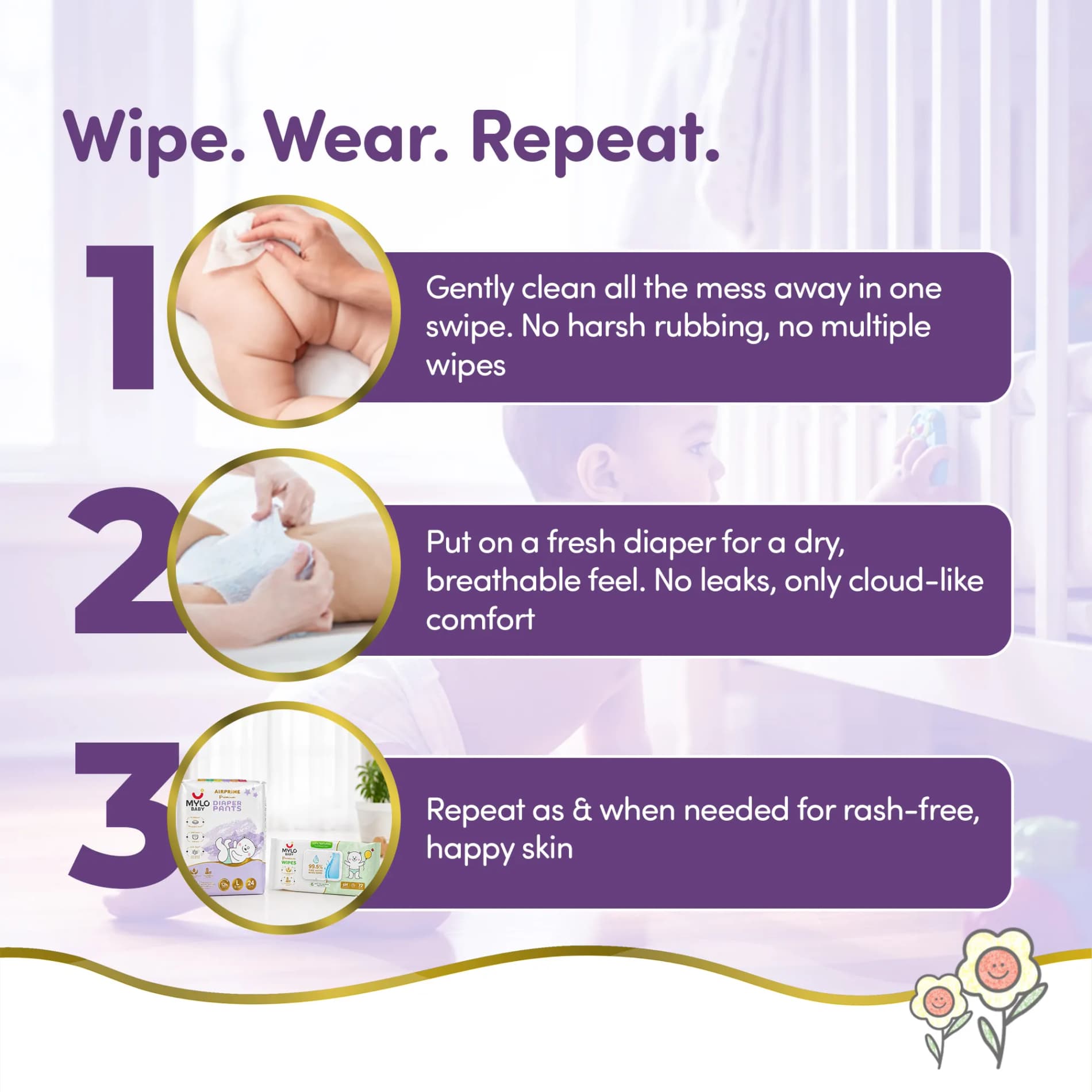 Mylo Rash Care Combo™ | Airprime Premium Diaper Pants L(10-15 Kgs- 24 Count) with Wetness Indicator + 100% Plant-Based Baby Wipes (99.5% Pure Water & Calendula, Pack of 2)