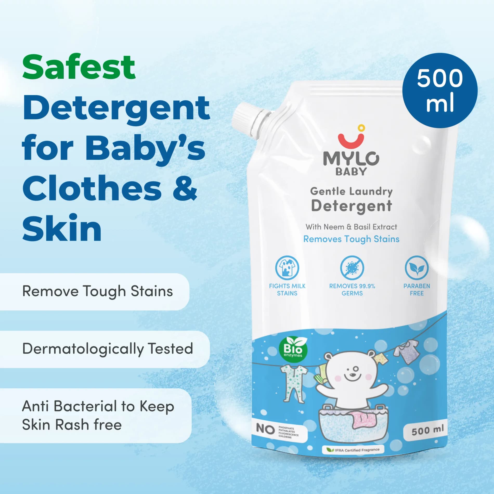 Baby Safe Liquid Detergent for Baby Clothes | Tough on stains | Gentle on clothes | Keeps Color & Softness Intact | Suitable for Front & Top Load Washing Machine | 500 ml