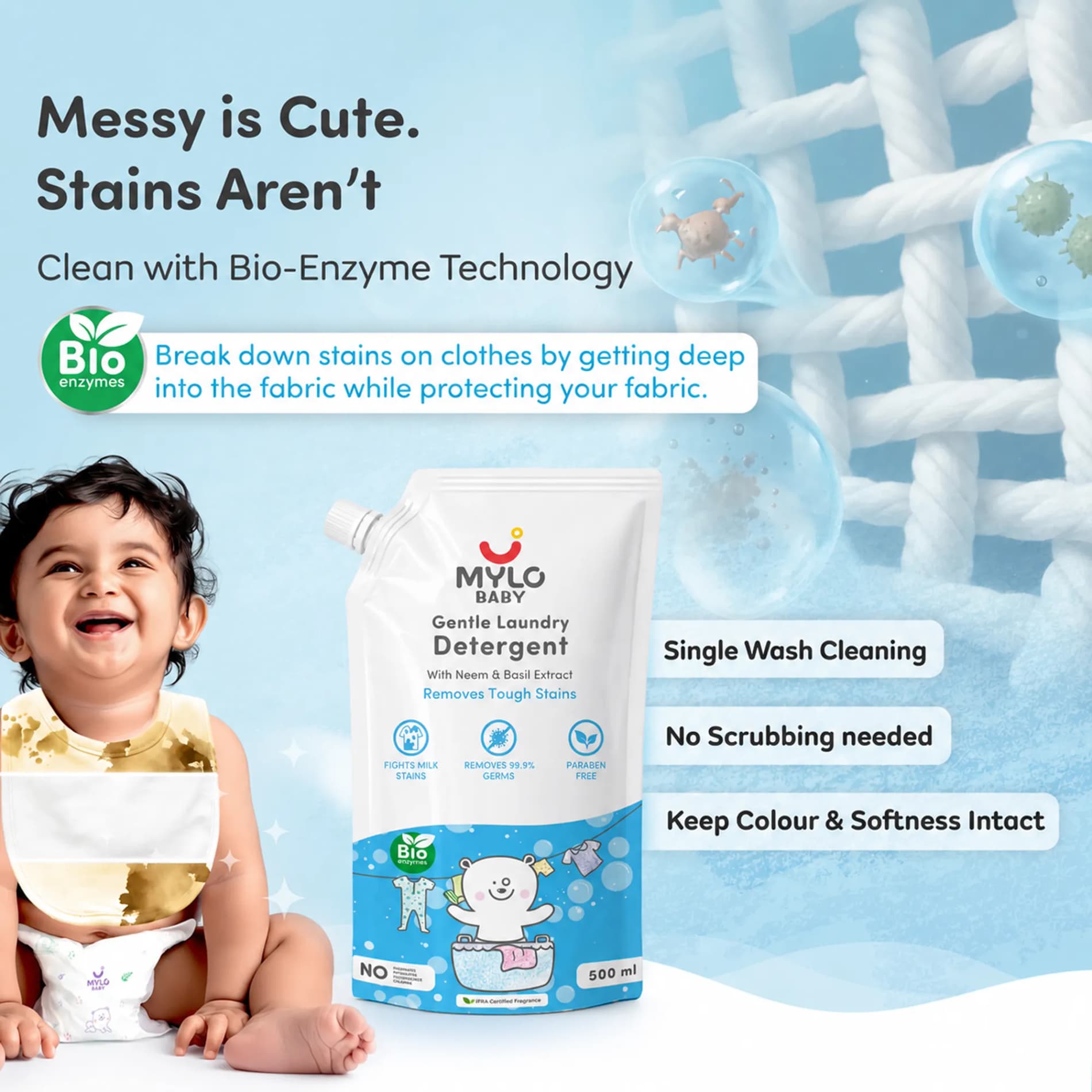 Baby Safe Liquid Detergent for Baby Clothes | Tough on stains | Gentle on clothes | Keeps Color & Softness Intact | Suitable for Front & Top Load Washing Machine | 500 ml