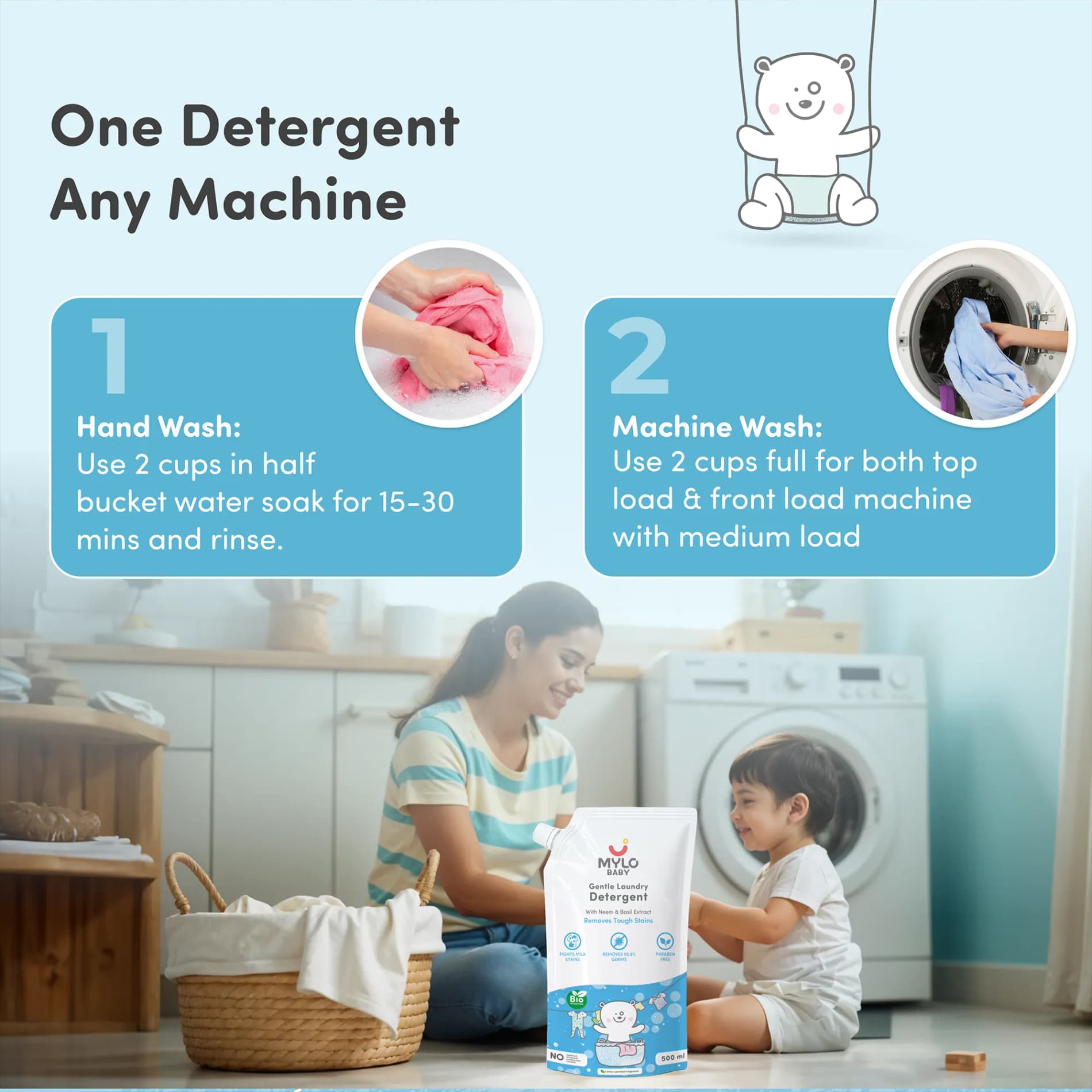 Baby Safe Liquid Detergent for Baby Clothes | Tough on stains | Gentle on clothes | Keeps Color & Softness Intact | Suitable for Front & Top Load Washing Machine | 500 ml